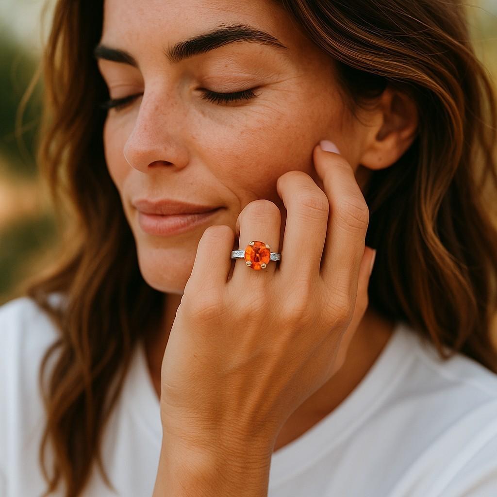 Introducing our exquisite Platinum 1.5-Carat Oval-Cut Orange Sapphire Vintage Ring, a true masterpiece of luxury and elegance. This stunning ring is designed to captivate and enchant, making it the perfect addition to any jewelry collection or a