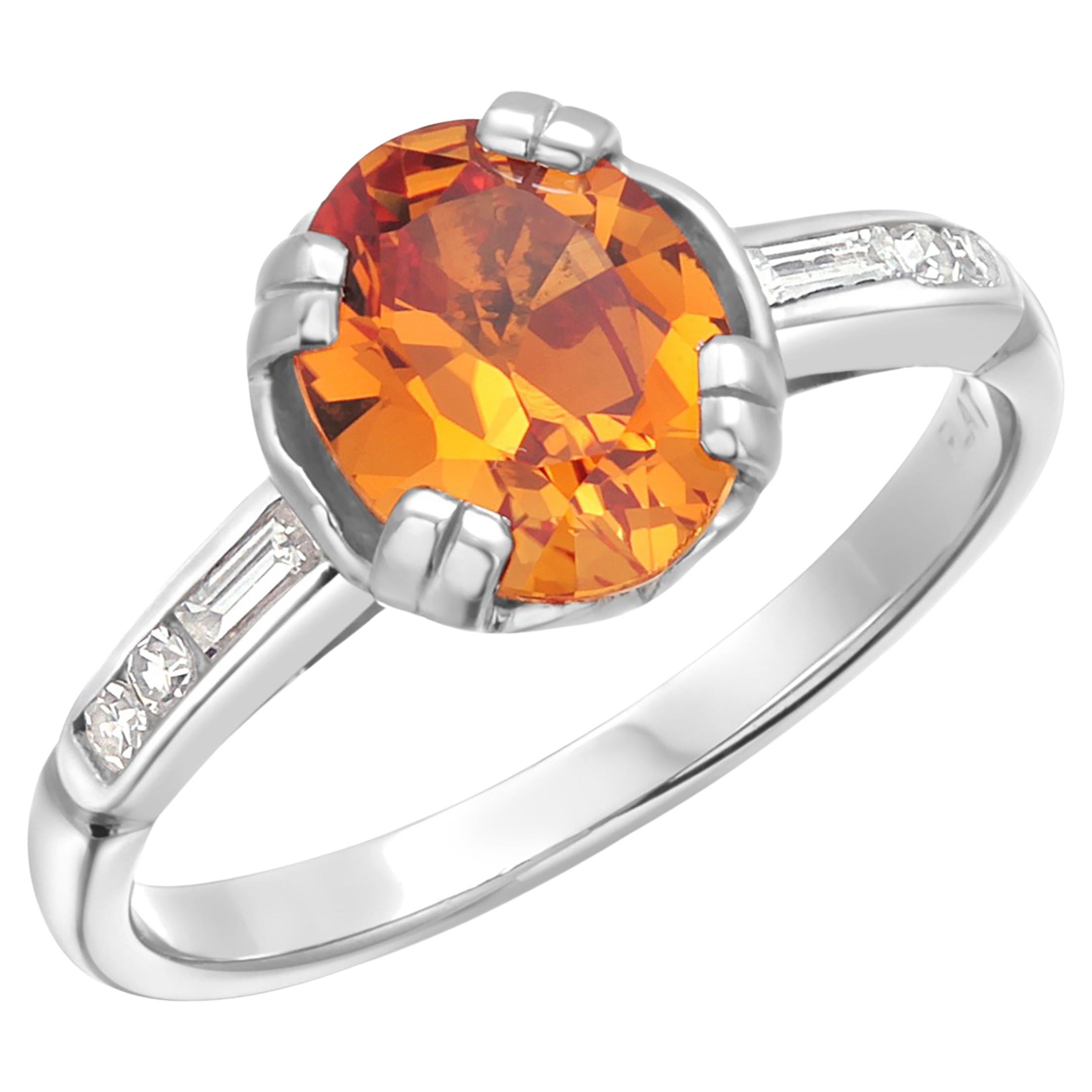Magnificent Platinum 1.5 Carat Cushion Rare Orange sapphire Vintage Diamond Ring For Sale