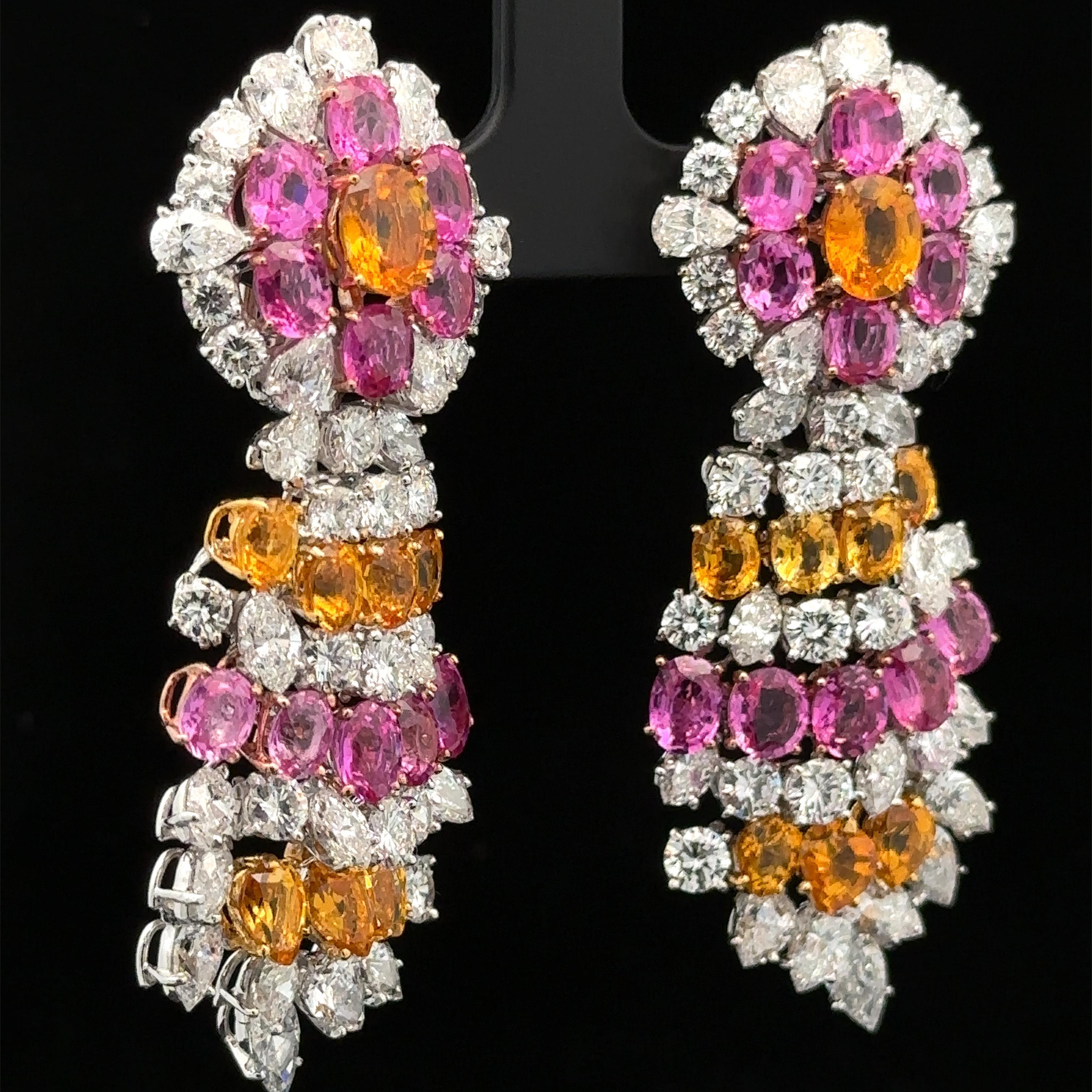 Taglio ovale Magnifici orecchini a pendente in oro platino con zaffiro e diamante GIA da 41 ct. in vendita