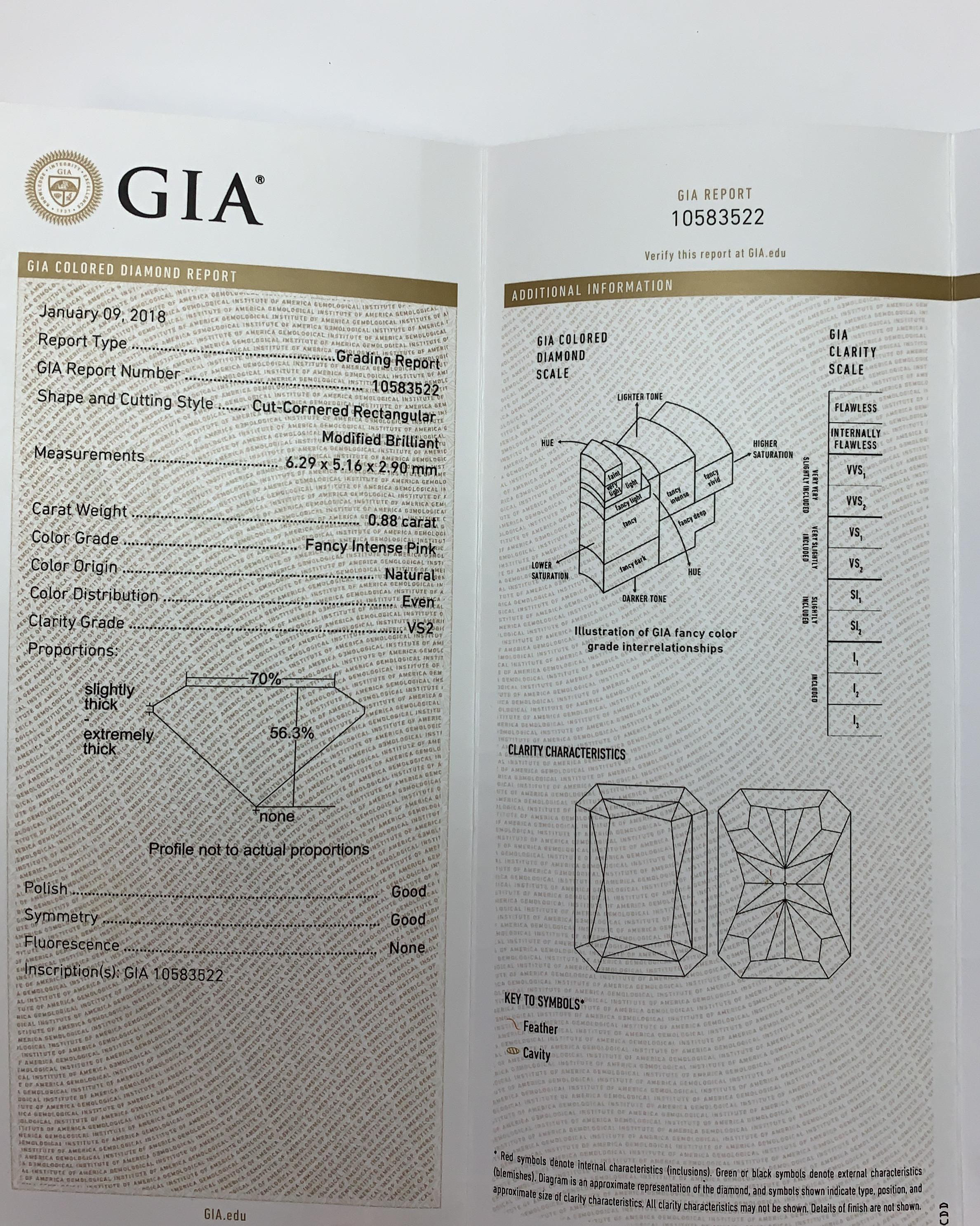 Women's GIA Certified Diamond 0.88 Carat Fancy Intense Pink vs2 Platinum Engagement Ring