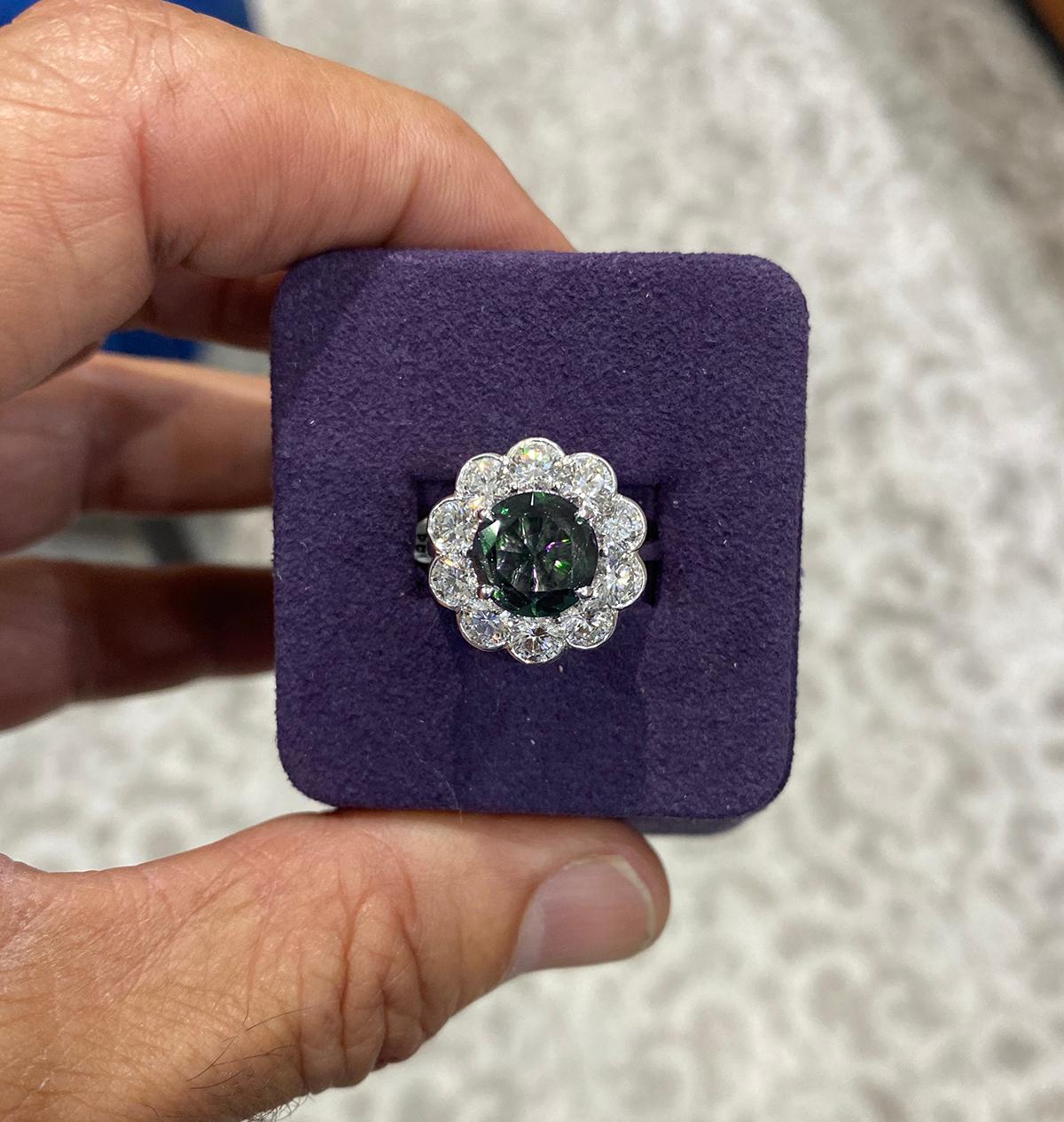 Platinum ring with GIA certified 2.49 carat Alexandrite and 10 round diamonds weighing 2.38 carats.  