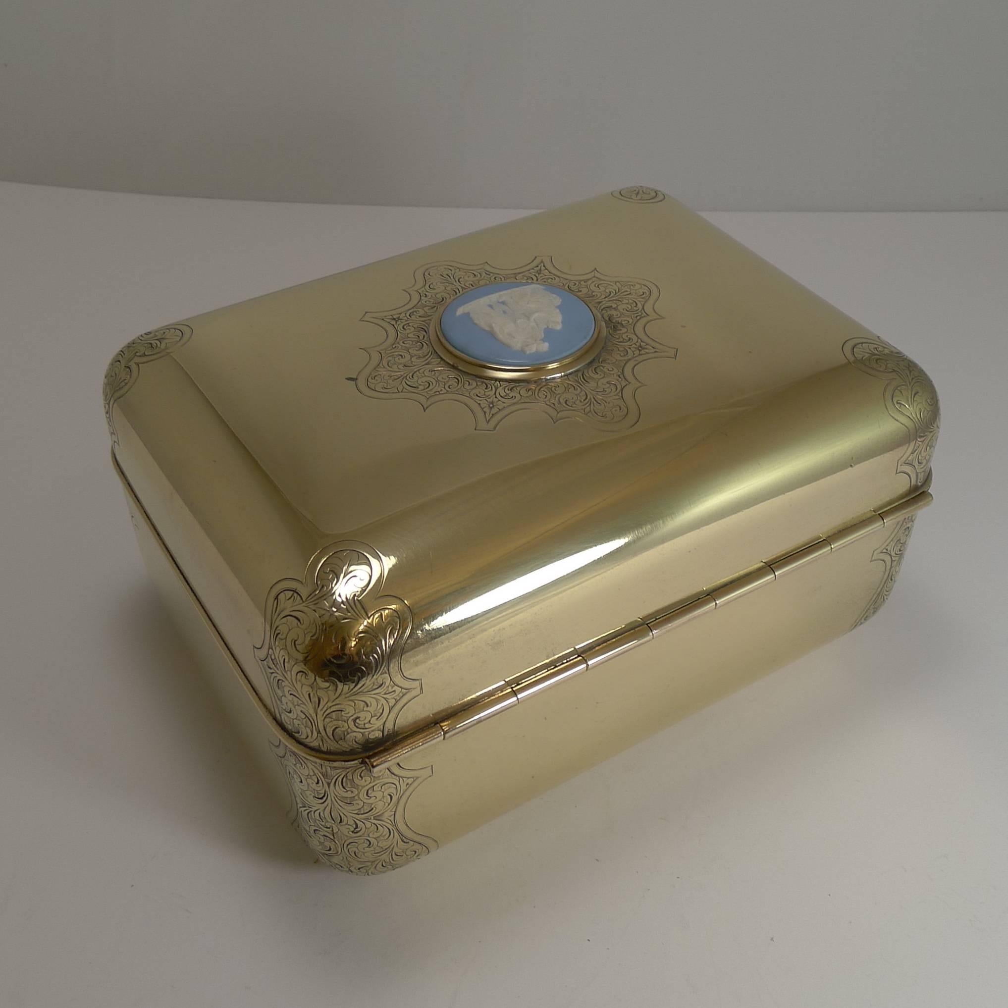 British Magnificent Polished Brass Jewellery Box with Wedgwood Plaque, circa 1860