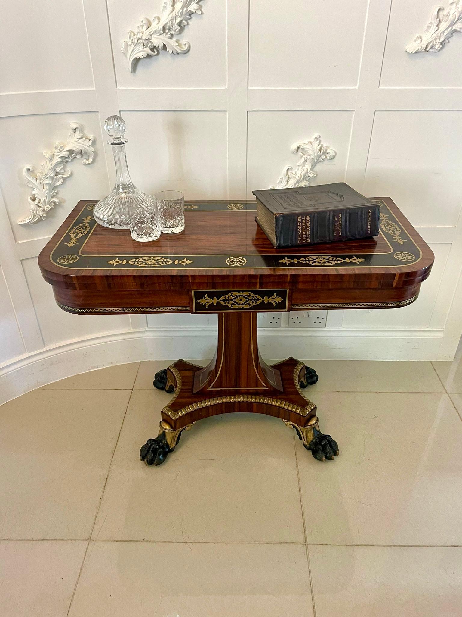 Magnificent quality antique George III rosewood brass inlaid card/console table by George Bullock having an outstanding quality brass inlaid rosewood and coromandel wood swizzle top opening to reveal a green baize, brass inlaid rosewood and
