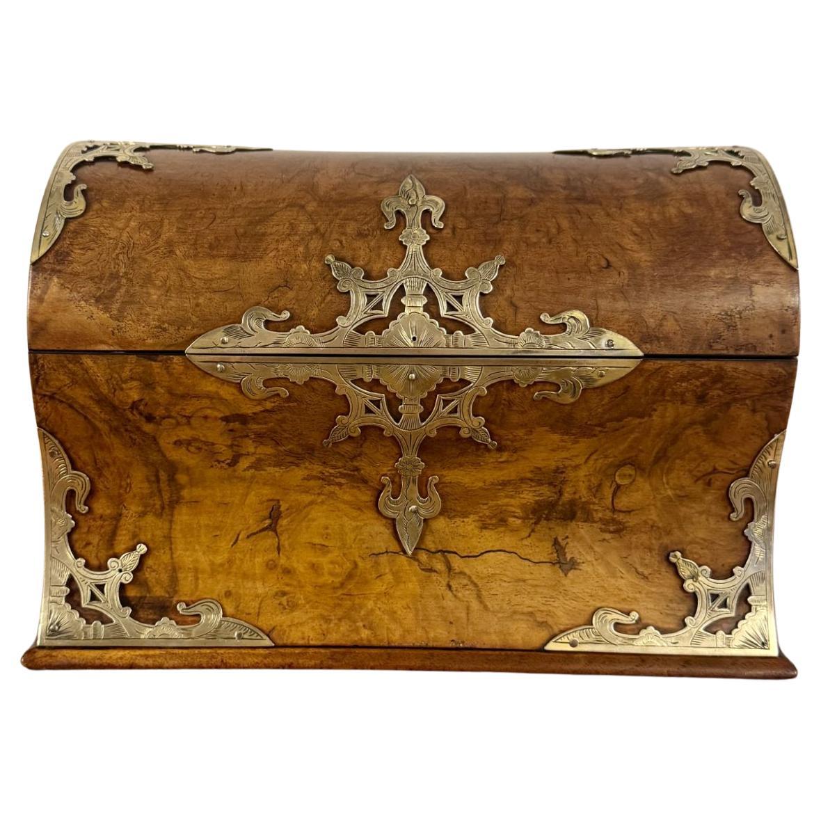Magnificent quality antique Victorian burr walnut brass mounted stationary box