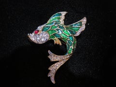 Magnificent Rare Estate 18KT Overlaid Glittering 1980s Fish Enamel Brooch Pin