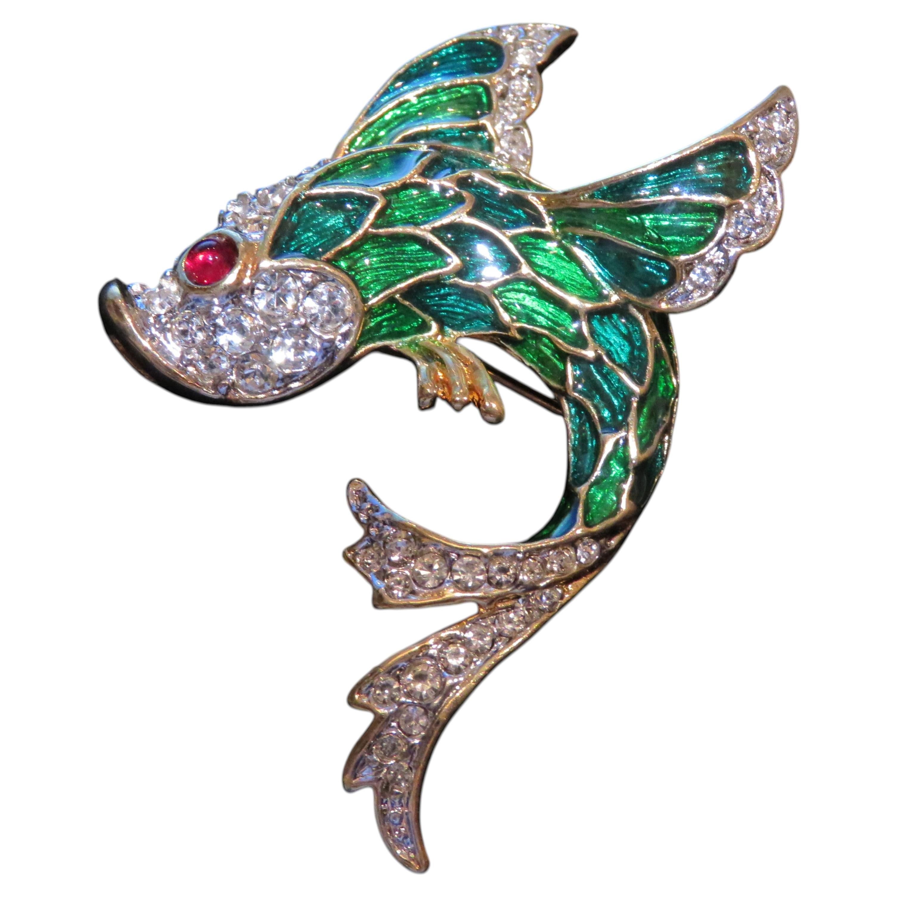 Magnifica spilla da bavero d'epoca, rara, in smalto a forma di pesce degli anni '80, con rivestimento in oro 18 carati e finitura scintillante