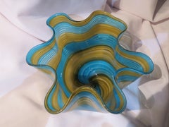 Magnificent Rare Vintage Italian Murano Stamp Glass Gold Blue Striped Bowl Vase