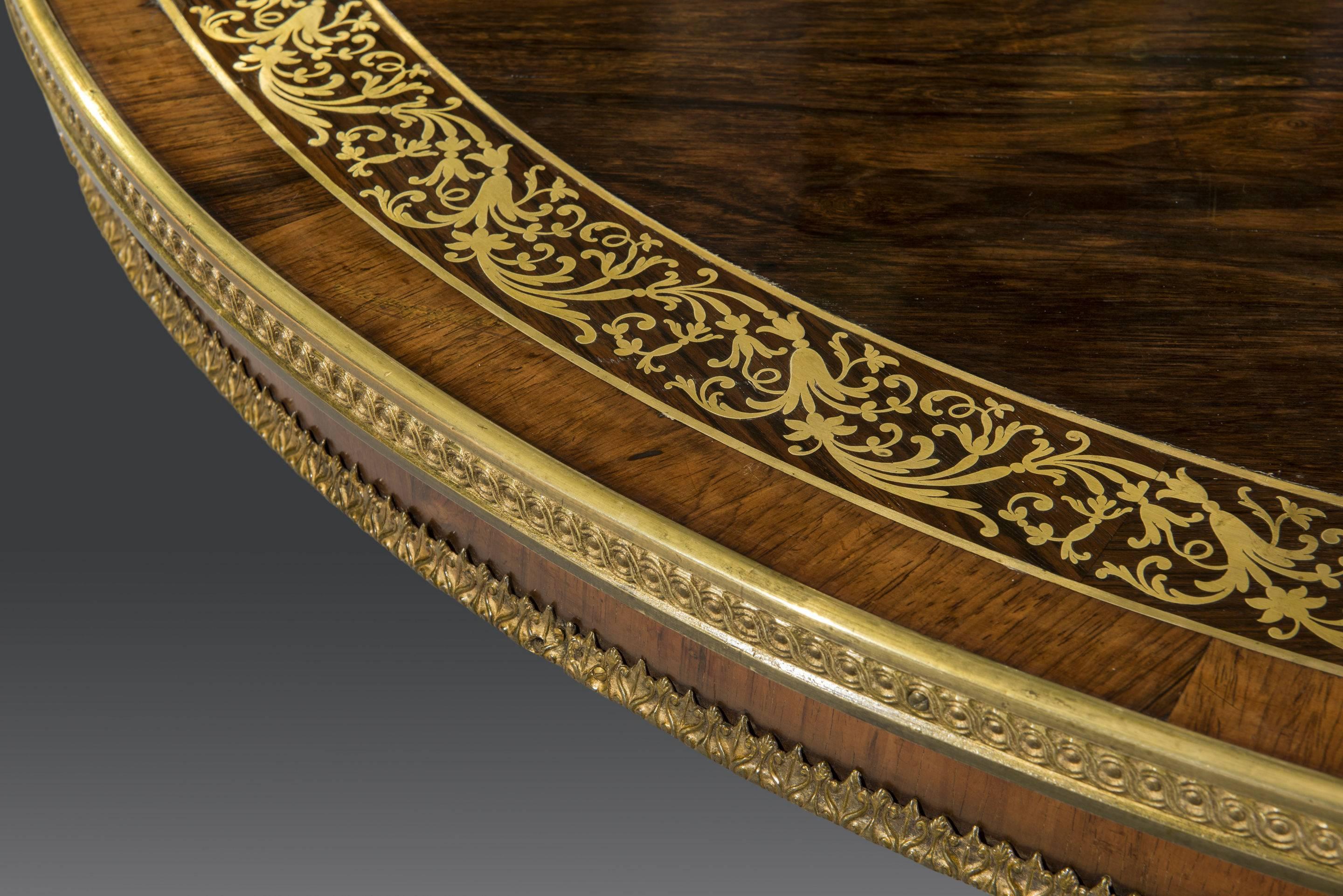 English Magnificent Regency Period Rosewood Brass Inlaid and Ormolu Mounted Centre Table For Sale