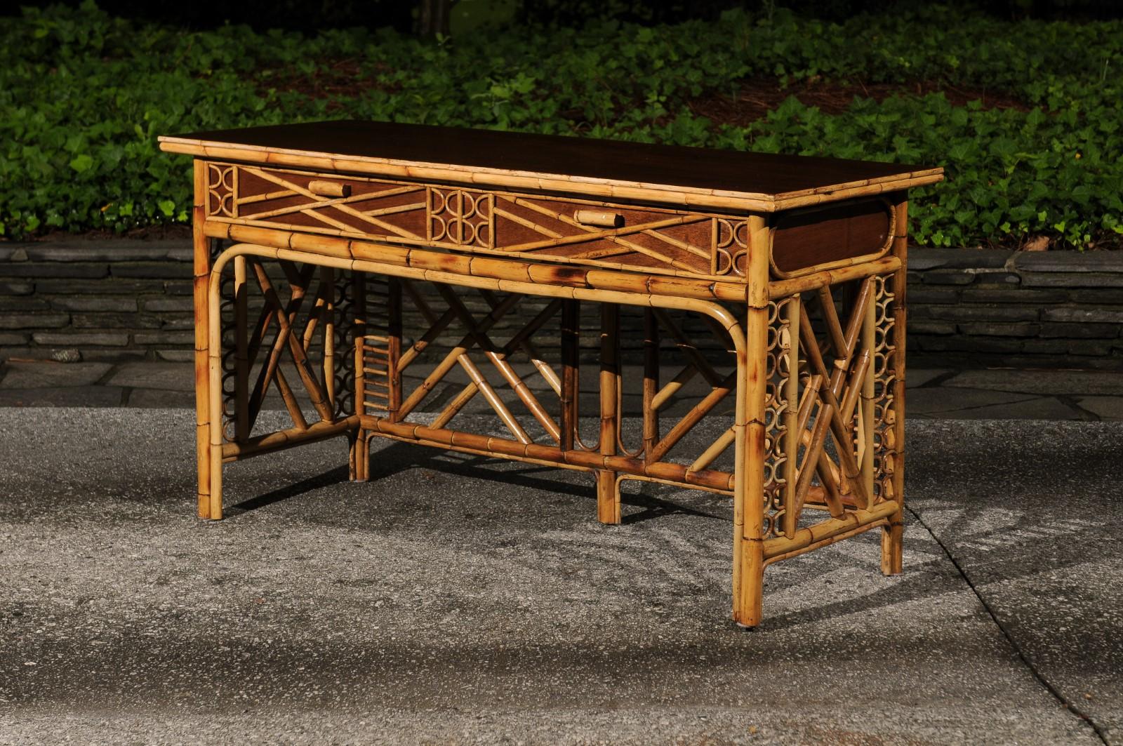 Mid-20th Century Magnificent Restored Mahogany and Rattan Console, Philippines, circa 1950 For Sale
