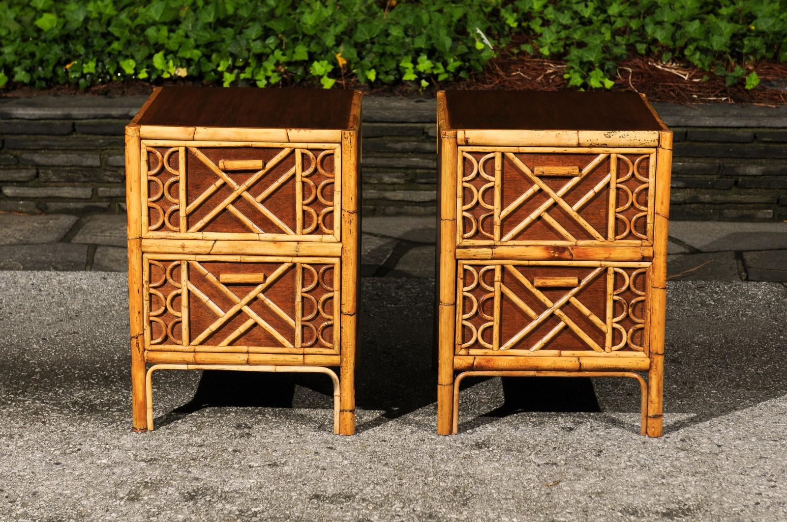 Mid-20th Century Magnificent Restored Mahogany and Rattan End Tables, Philippines, circa 1950 For Sale