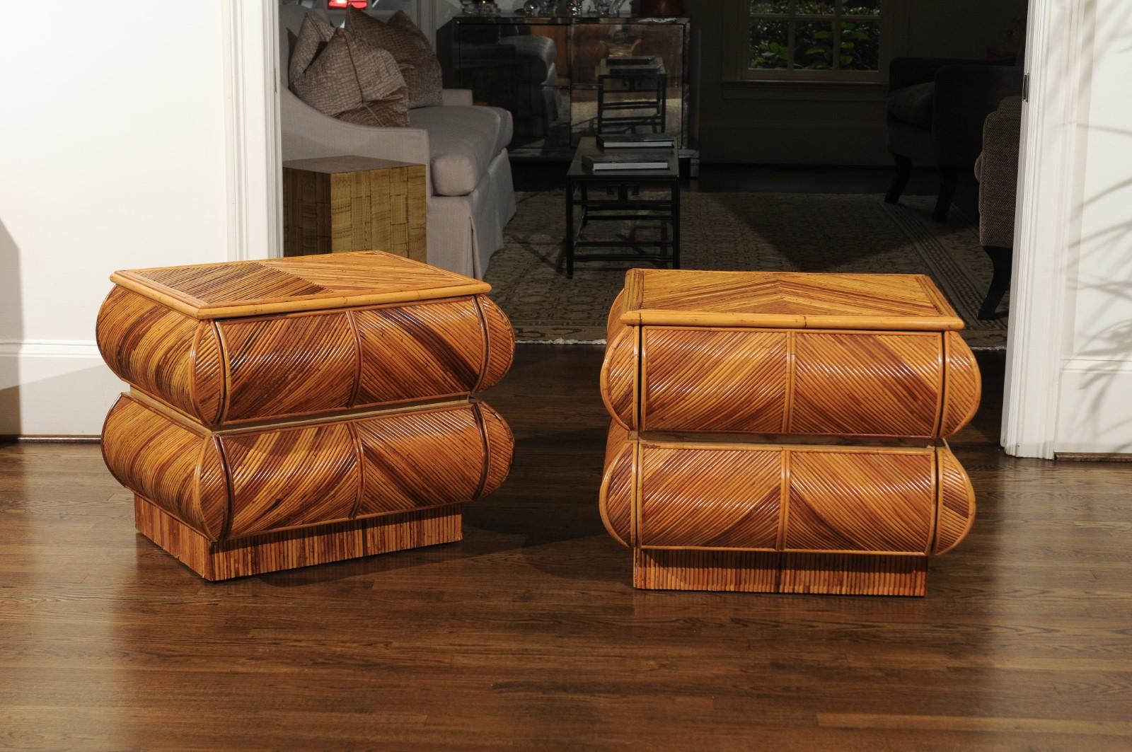 Magnificent Restored Pair of Bullnose Small Chests in Bamboo, circa 1980 For Sale 5