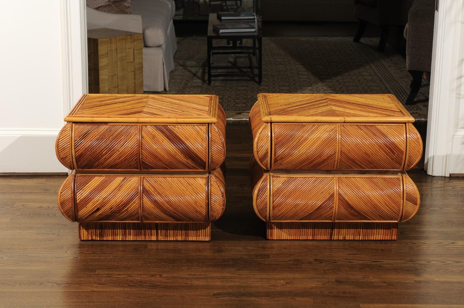 Magnificent Restored Pair of Bullnose Small Chests in Bamboo, circa 1980 In Excellent Condition For Sale In Atlanta, GA