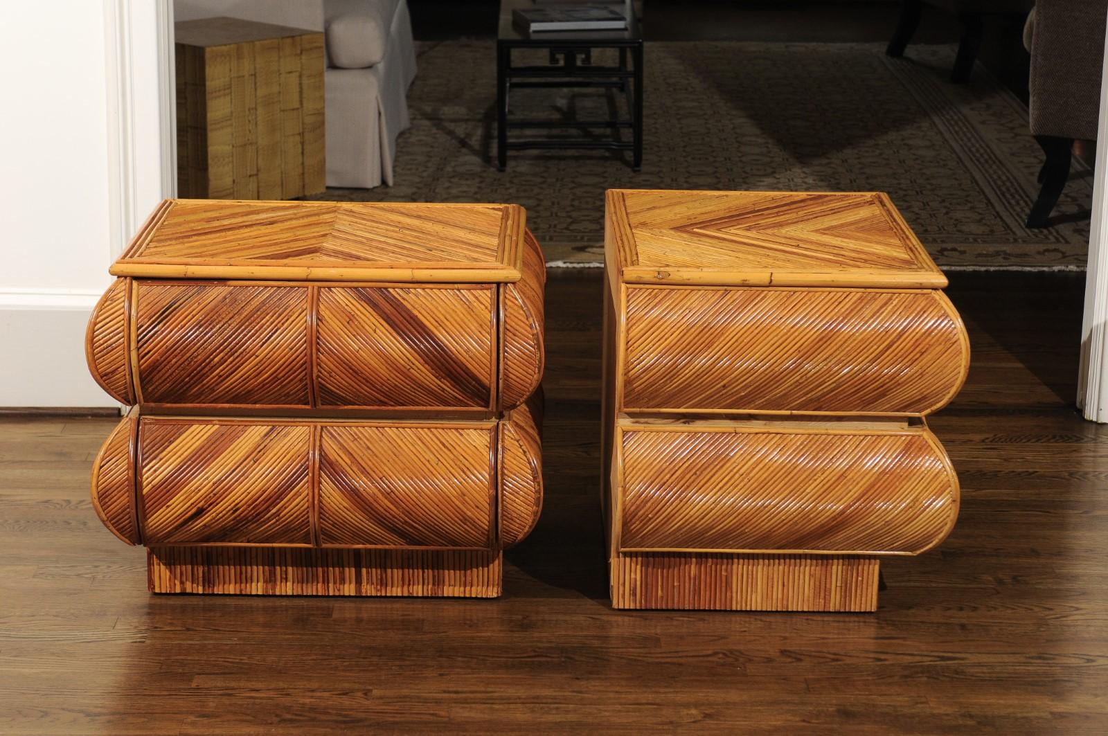 Magnificent Restored Pair of Bullnose Small Chests in Bamboo, circa 1980 For Sale 1