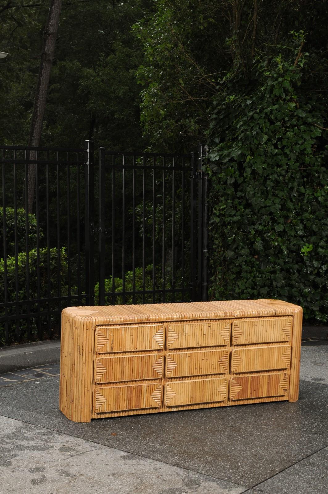Mid-Century Modern Magnificent Restored Waterfall Nine-Drawer Chest in Bamboo, circa 1980