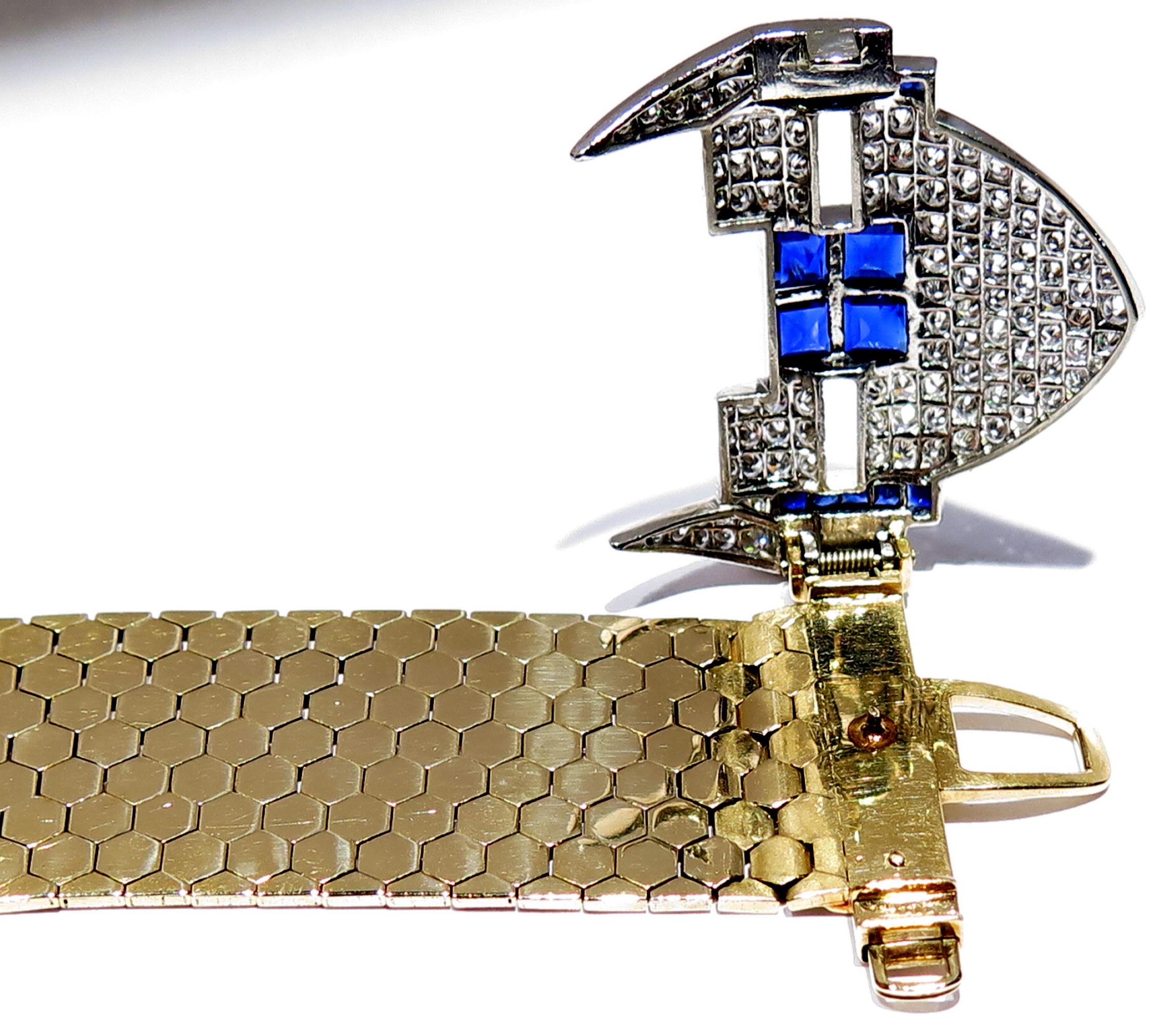 Magnificent Retro Diamond Sapphire Buckle Bracelet with Gold Hexagonal Links 6