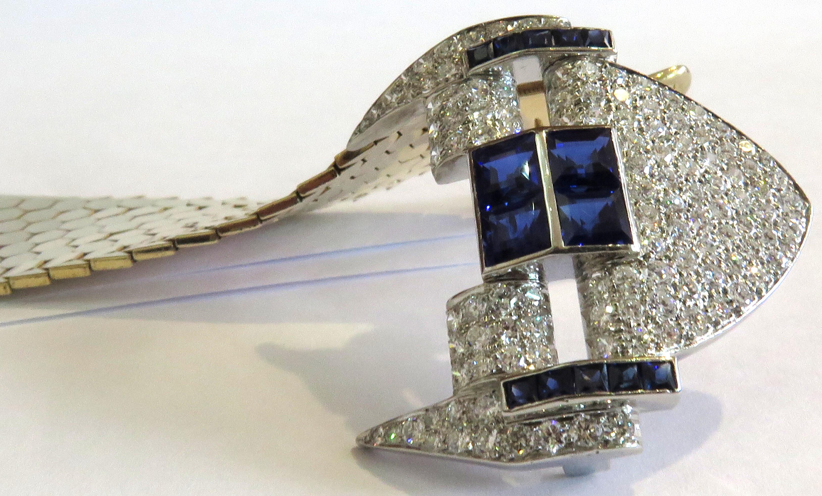 Magnificent Retro Diamond Sapphire Buckle Bracelet with Gold Hexagonal Links 7