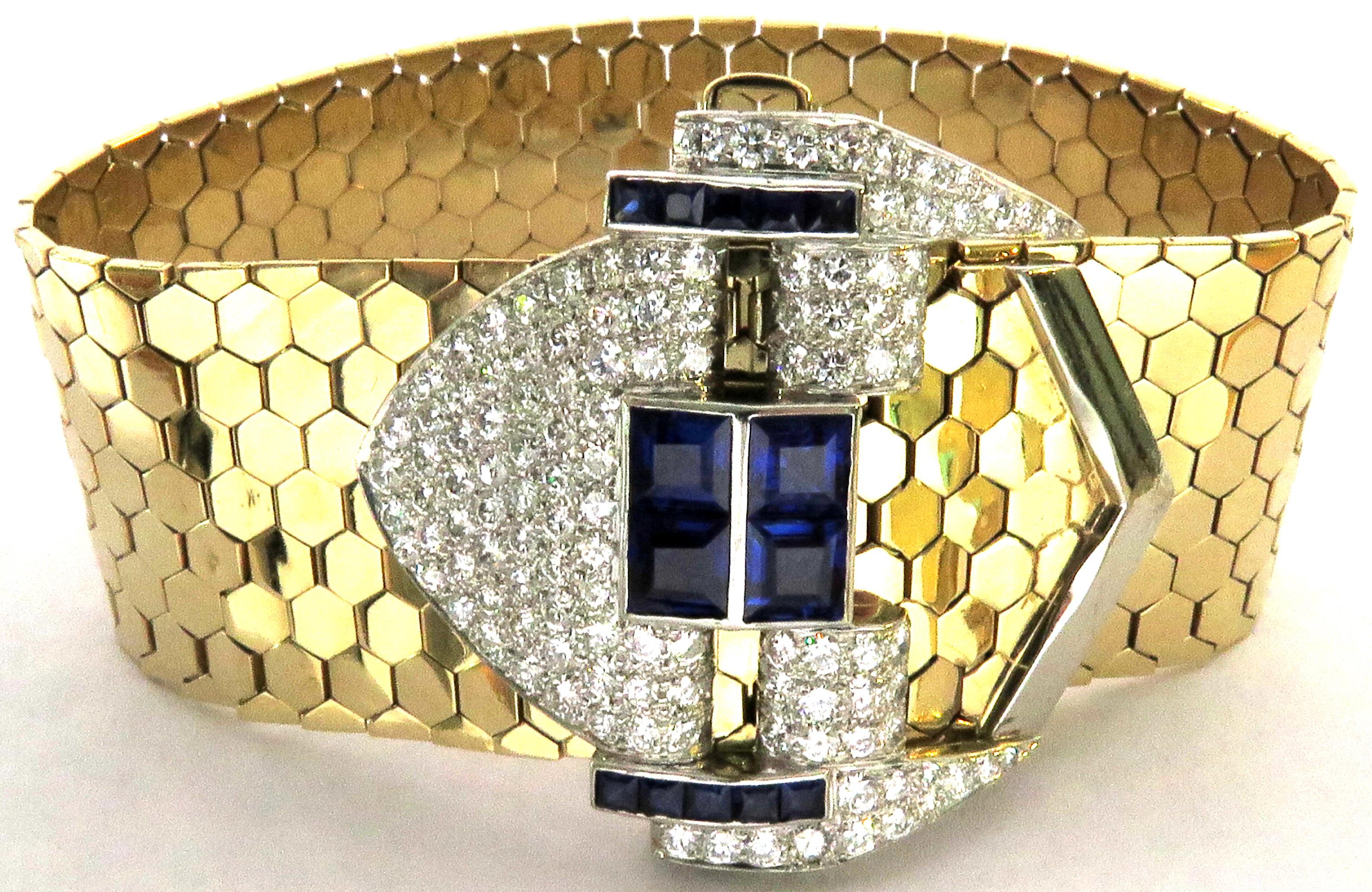 Magnificent Retro Diamond Sapphire Buckle Bracelet with Gold Hexagonal Links 8