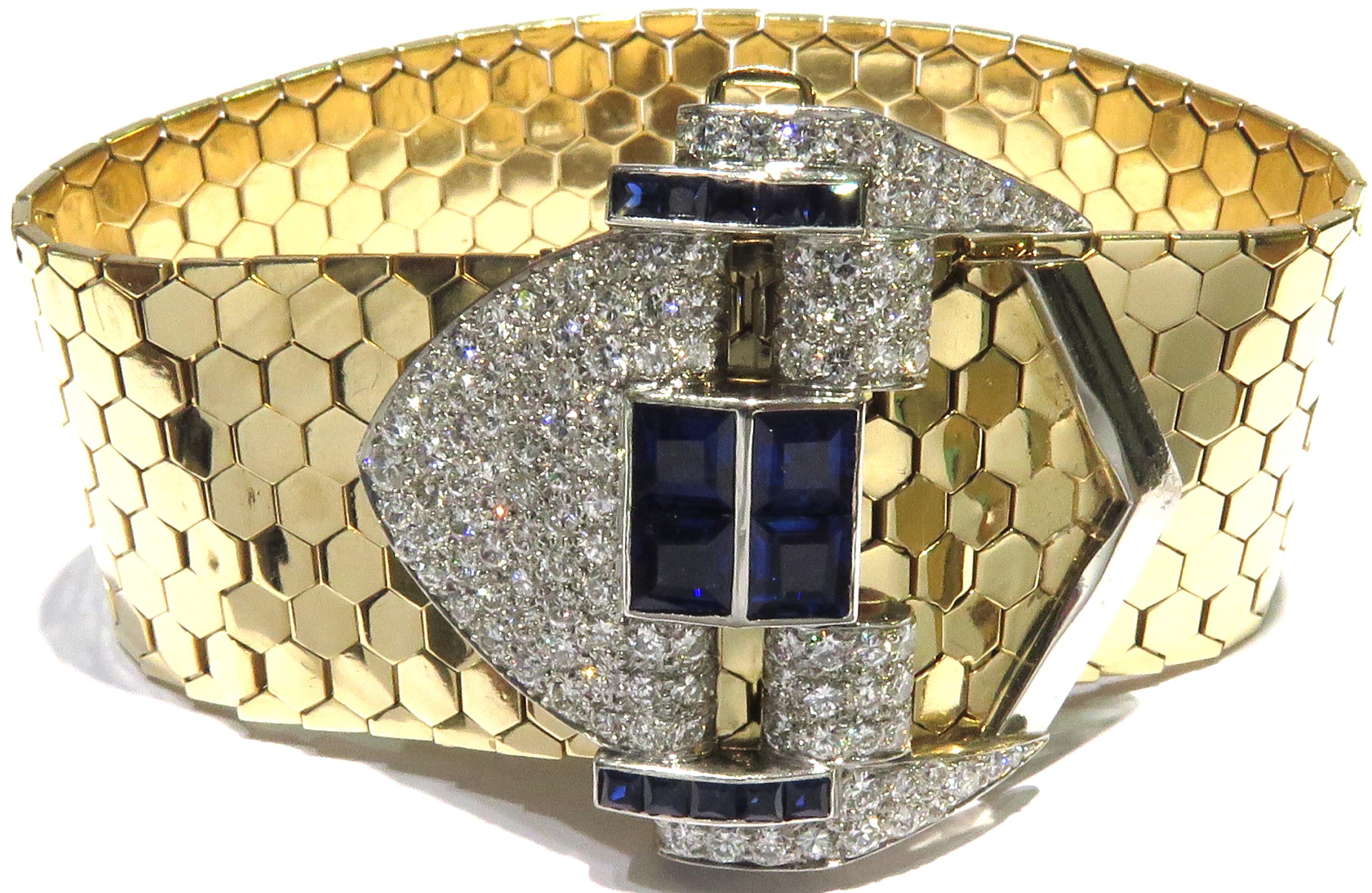 Magnificent Retro Diamond Sapphire Buckle Bracelet with Gold Hexagonal Links 9