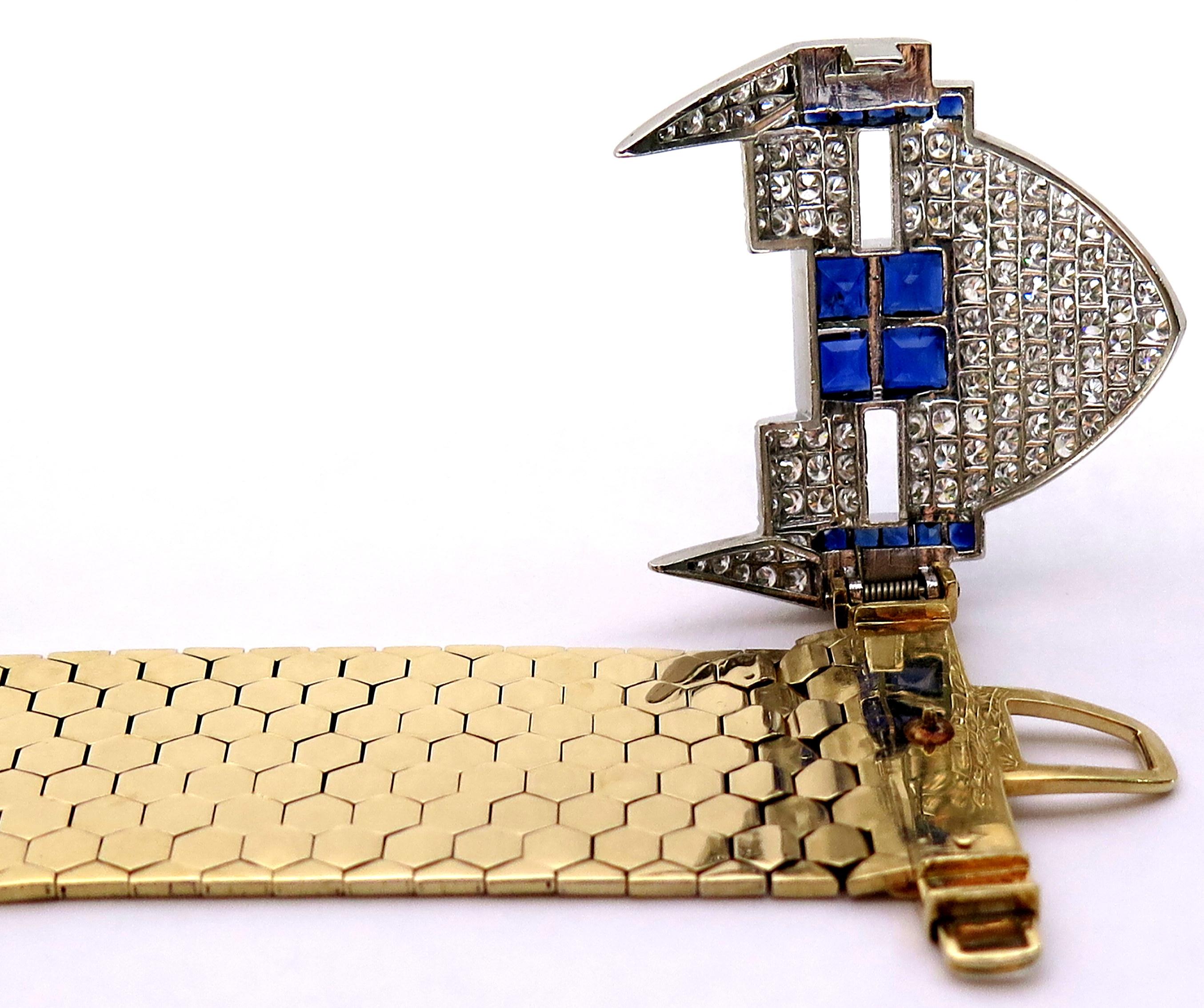 Magnificent Retro Diamond Sapphire Buckle Bracelet with Gold Hexagonal Links 10