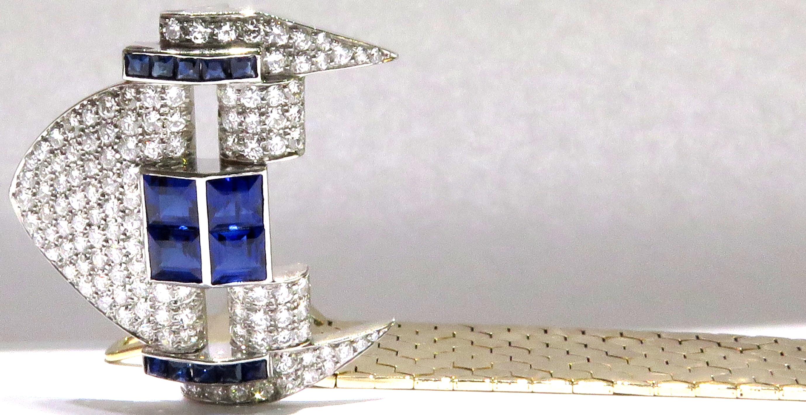 Magnificent Retro Diamond Sapphire Buckle Bracelet with Gold Hexagonal Links 11