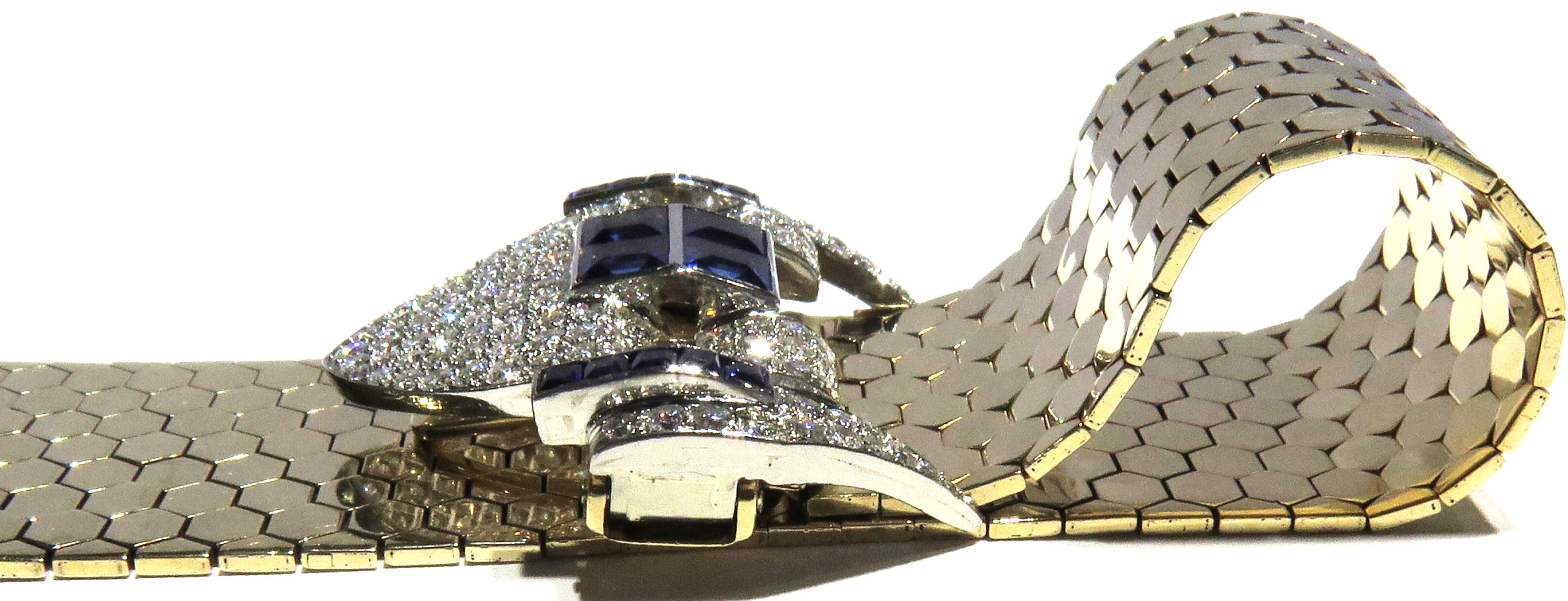 Magnificent Retro Diamond Sapphire Buckle Bracelet with Gold Hexagonal Links 12