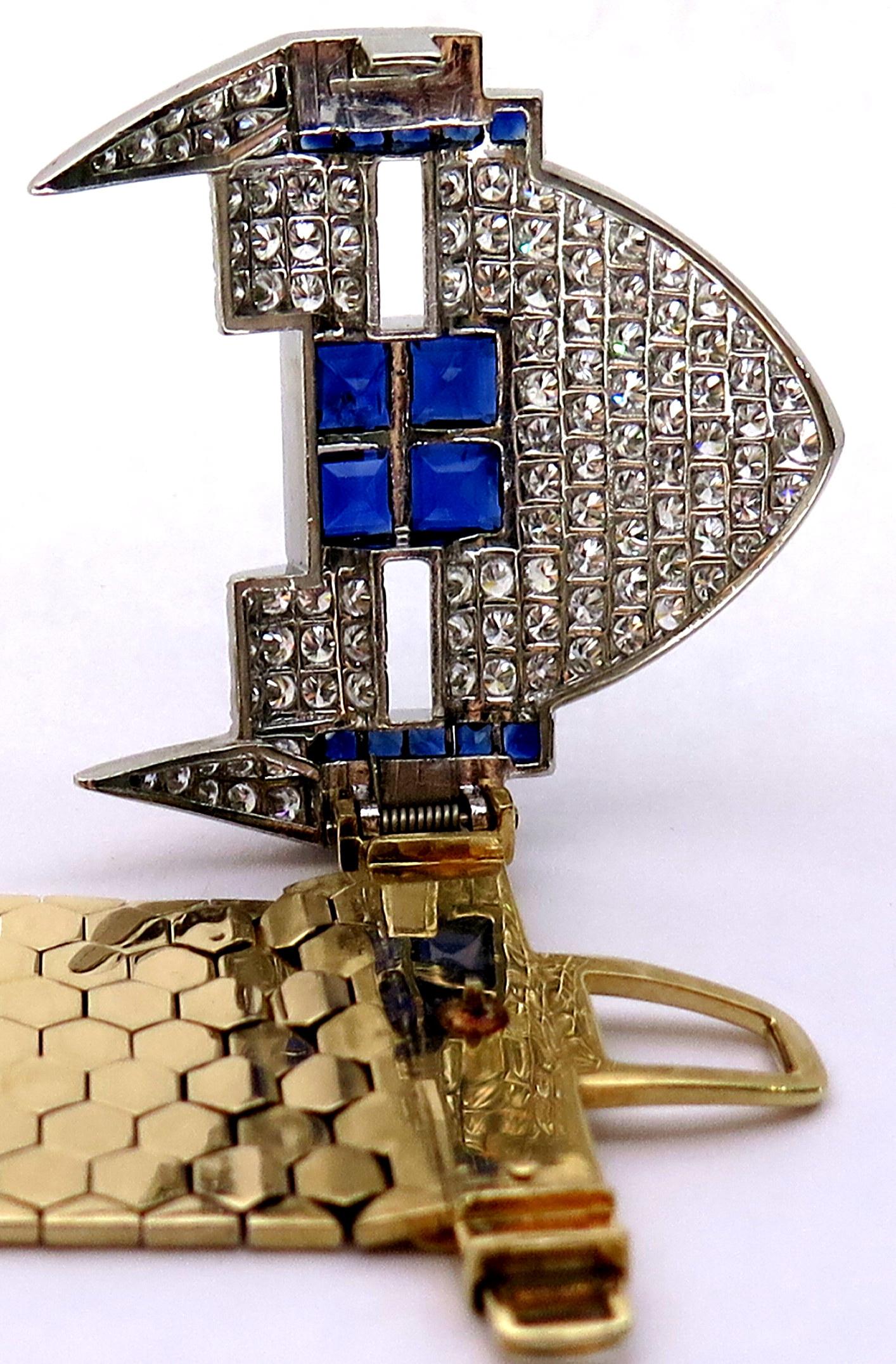 Magnificent Retro Diamond Sapphire Buckle Bracelet with Gold Hexagonal Links 13