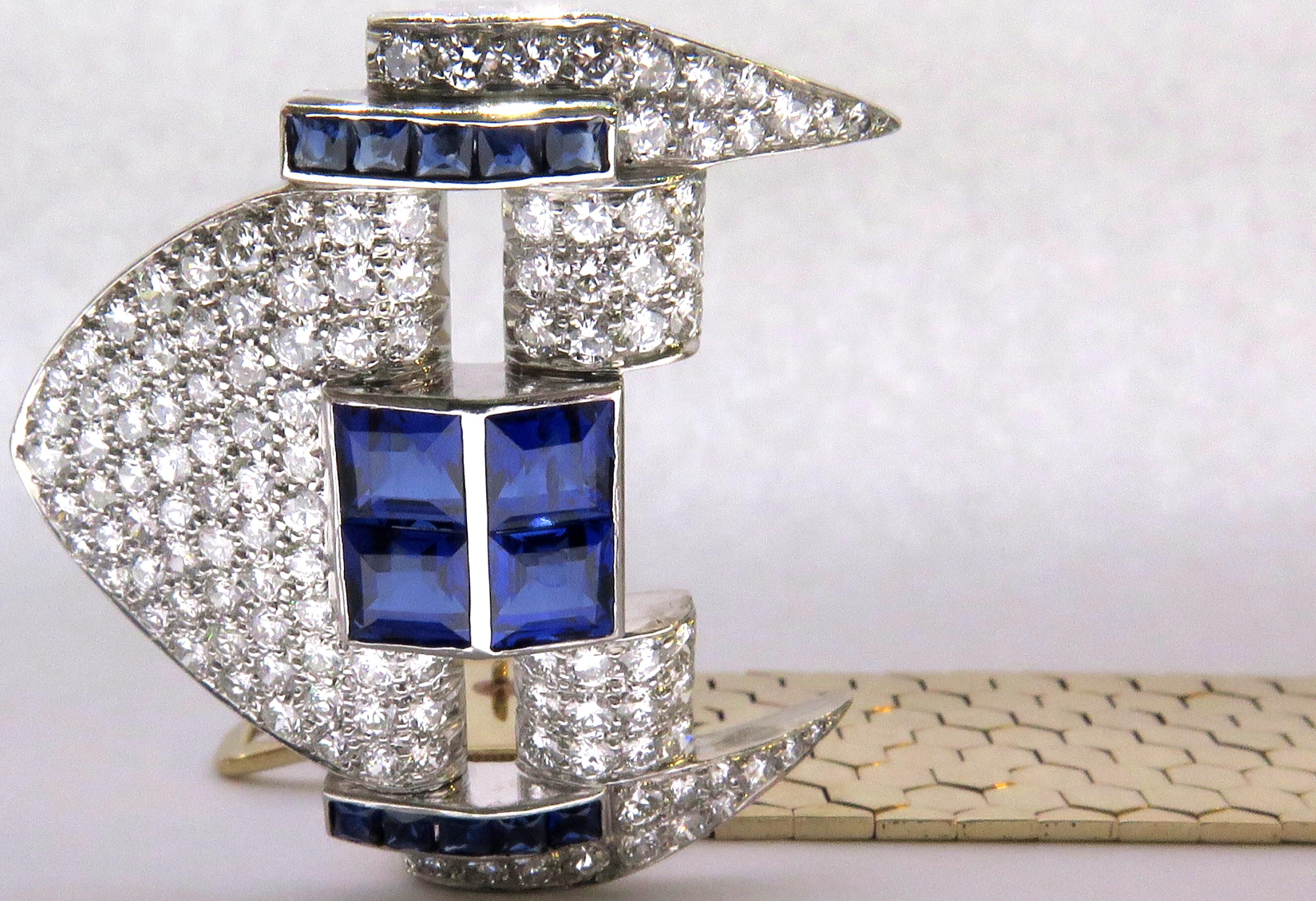 Magnificent Retro Diamond Sapphire Buckle Bracelet with Gold Hexagonal Links In Excellent Condition In Palm Beach, FL