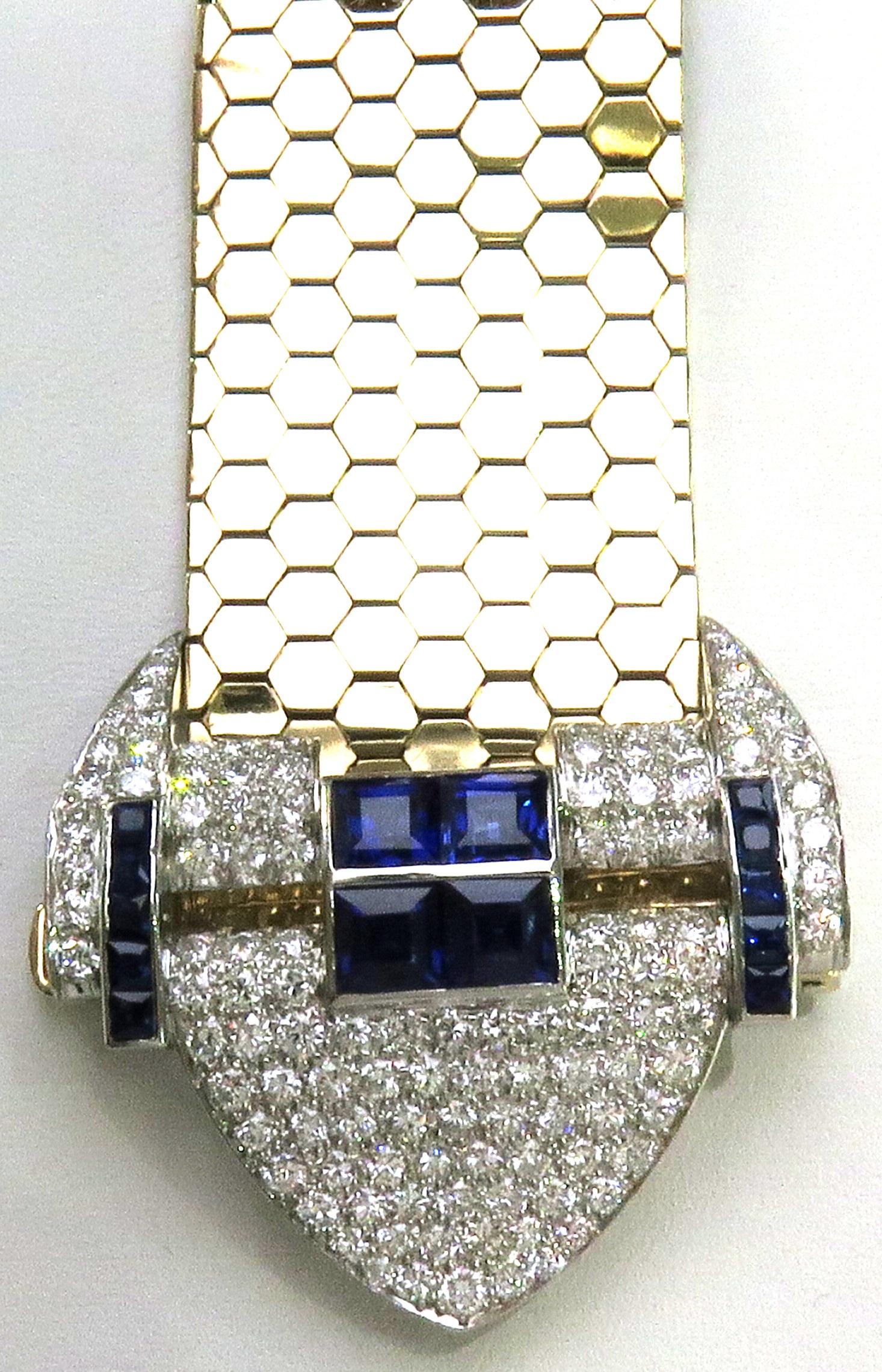 Magnificent Retro Diamond Sapphire Buckle Bracelet with Gold Hexagonal Links 1