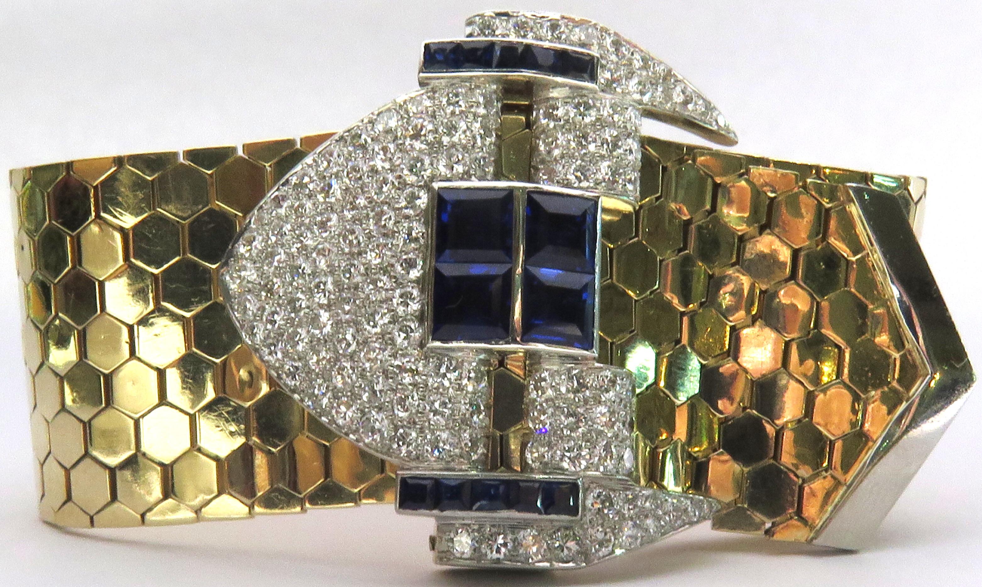Magnificent Retro Diamond Sapphire Buckle Bracelet with Gold Hexagonal Links 2