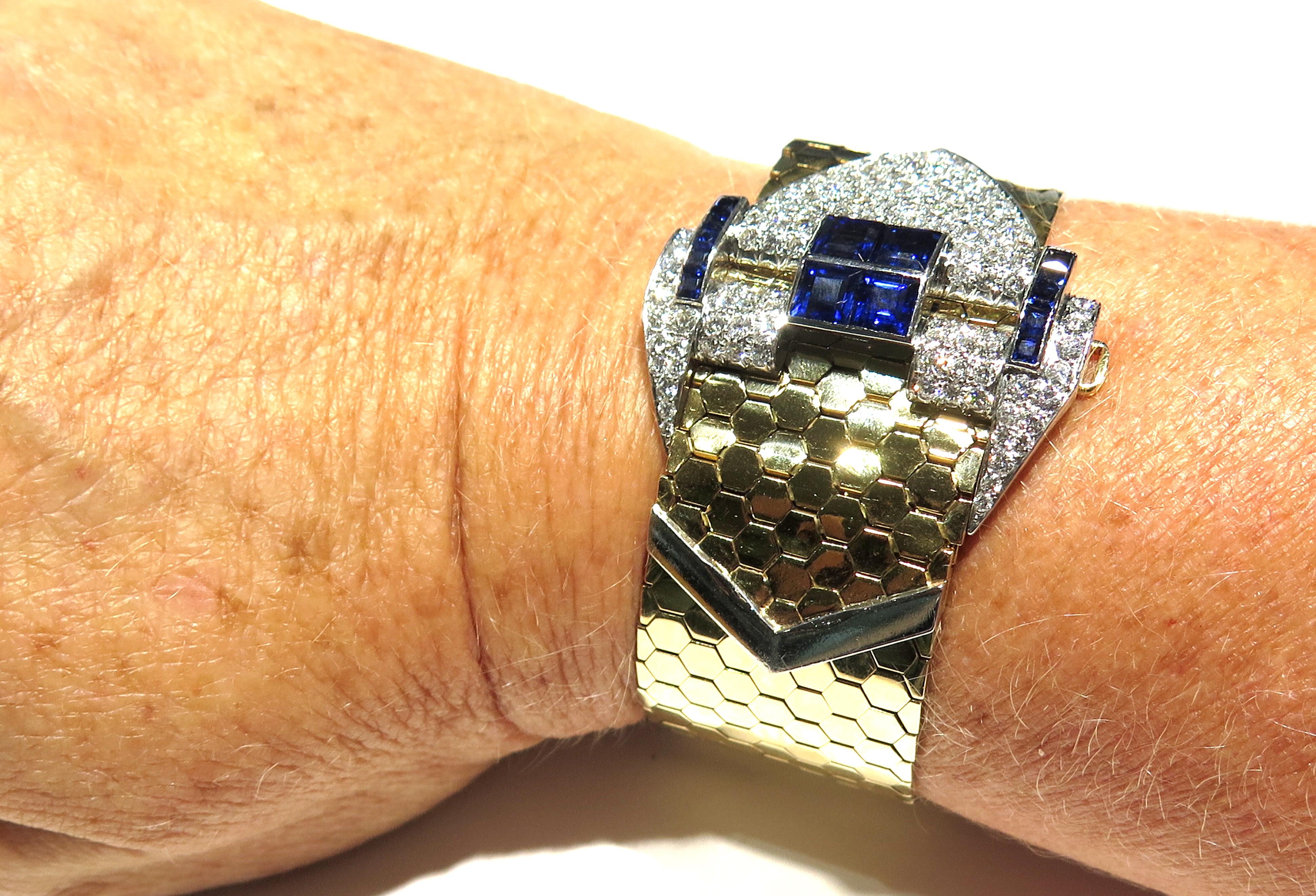 Magnificent Retro Diamond Sapphire Buckle Bracelet with Gold Hexagonal Links 4