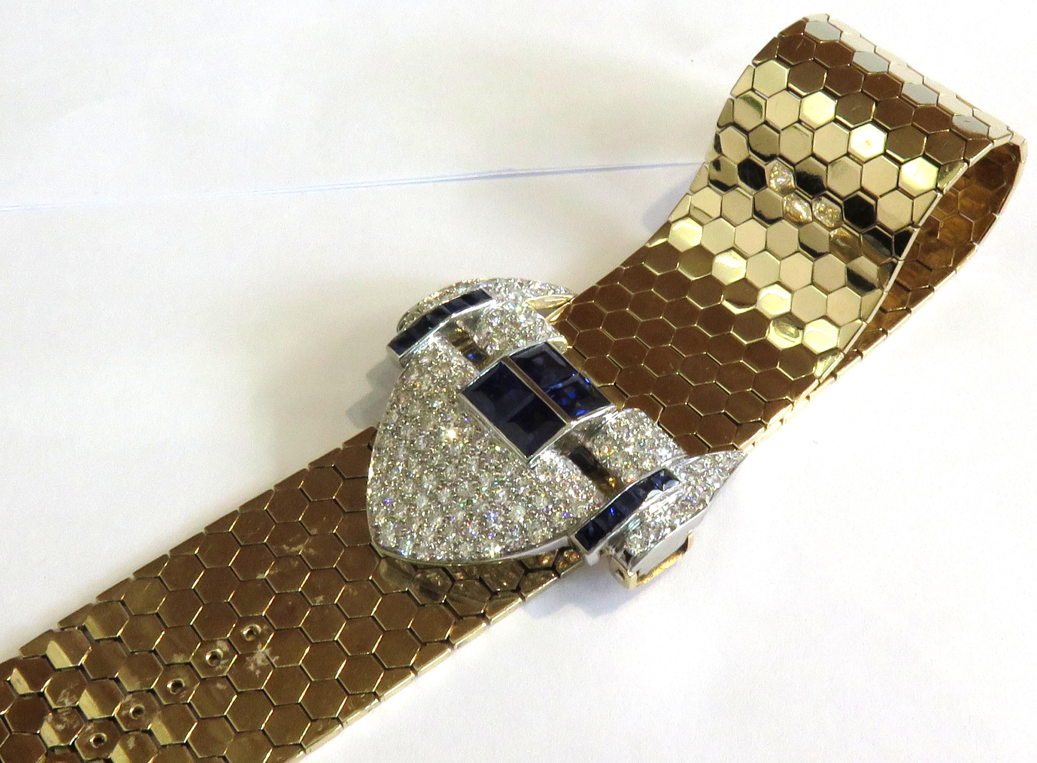 Magnificent Retro Diamond Sapphire Buckle Bracelet with Gold Hexagonal Links 5