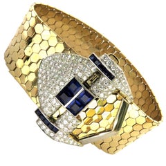Magnificent Retro Diamond Sapphire Buckle Bracelet with Gold Hexagonal Links