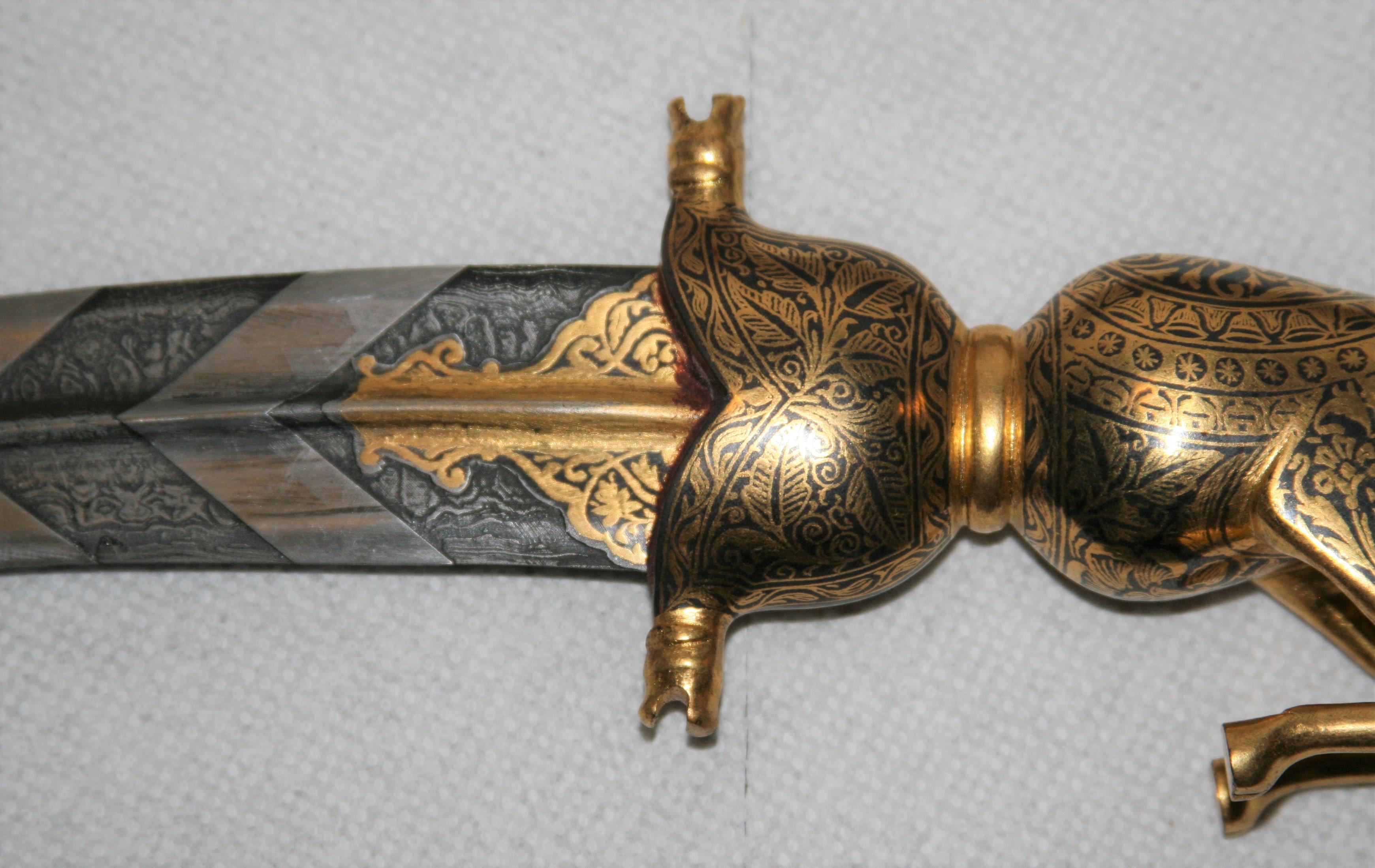 Indian Magnificent Richly Decorated 1920s Damascened Rajput Dagger with Gold Work For Sale