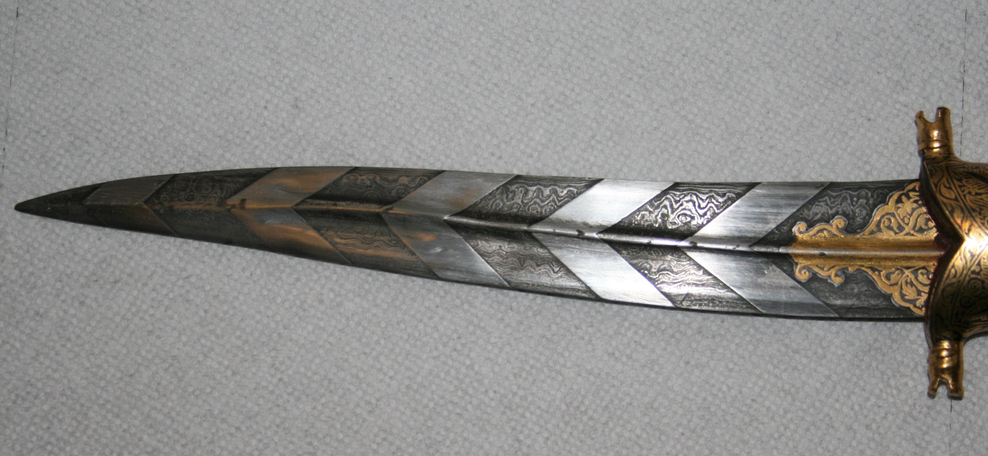 Steel Magnificent Richly Decorated 1920s Damascened Rajput Dagger with Gold Work For Sale