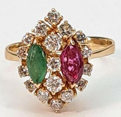 Magnificent Ring 18K Gold, Emerald, Ruby & Brilliant-Cut Diamonds