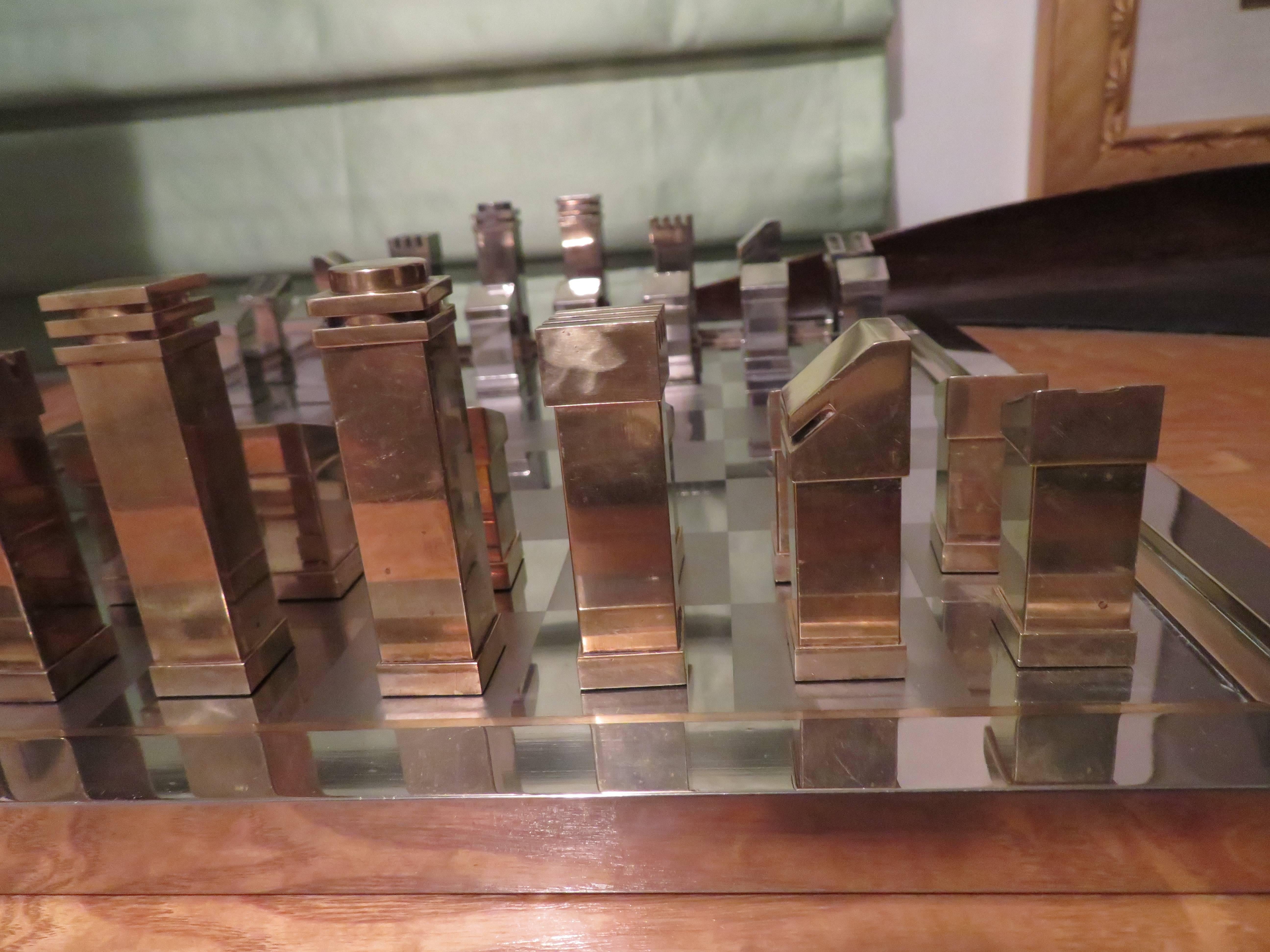 Magnificent Romeo Rega Brass Chrome Chess Set with Board Mid-Century Modern In Good Condition In Pemberton, NJ
