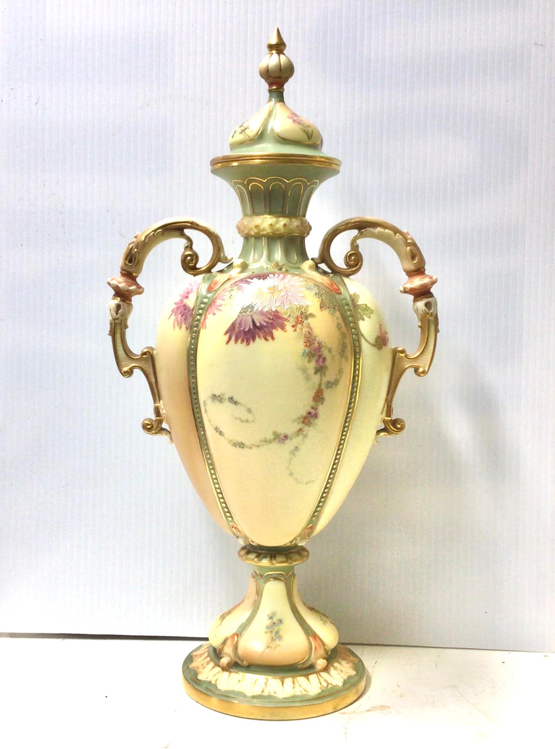 English Magnificent Royal Worcester Painted Blush Ivory Vase For Sale