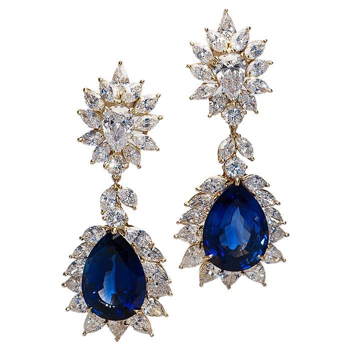 Magnificent Sapphire and Diamond Gold Drop Statement Earrings