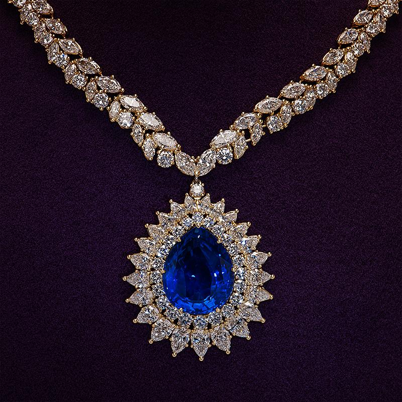 Modernist Magnificent Sapphire and Diamond Gold Pendant Brooch Statement Necklace For Sale