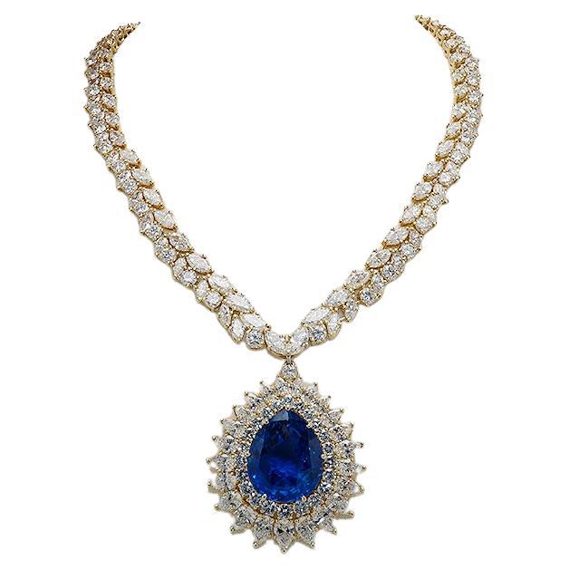 Magnificent Sapphire and Diamond Gold Pendant Brooch Statement Necklace For Sale