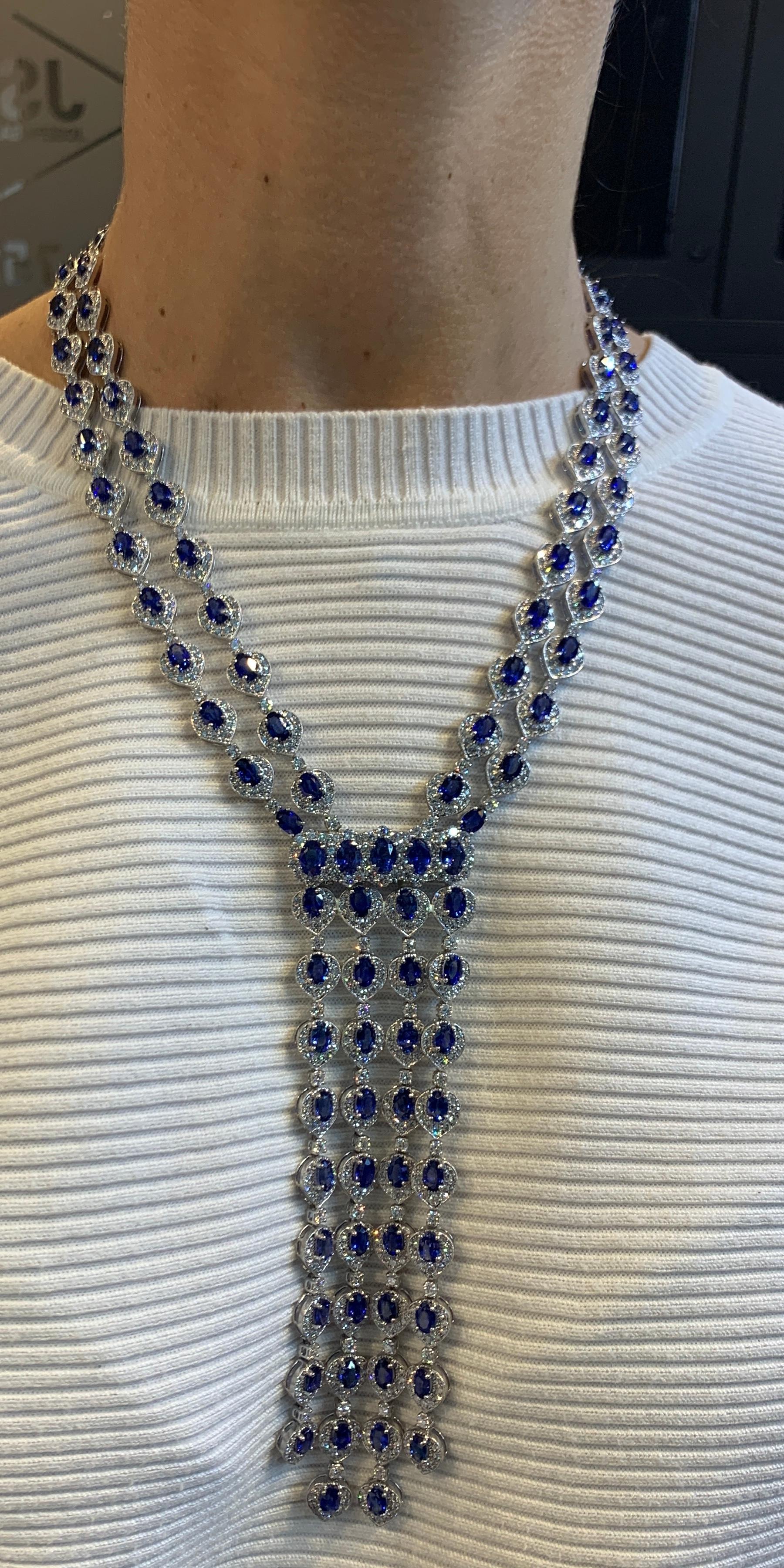 Pear Cut Sapphire and Diamond Tassel Necklace For Sale