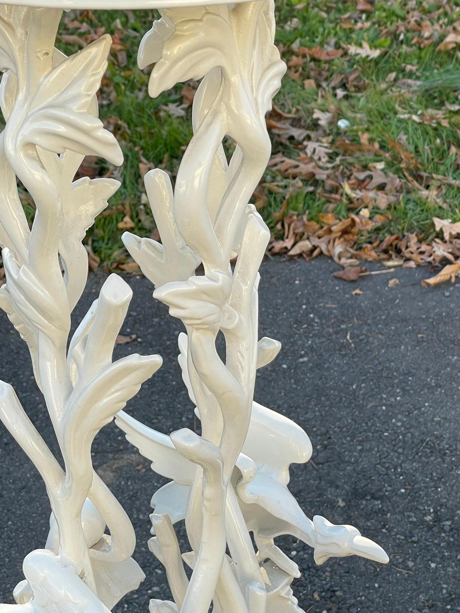 North American Magnificent Sculptural White Enamel Cast Iron Plant Stand with Birds and Foliage