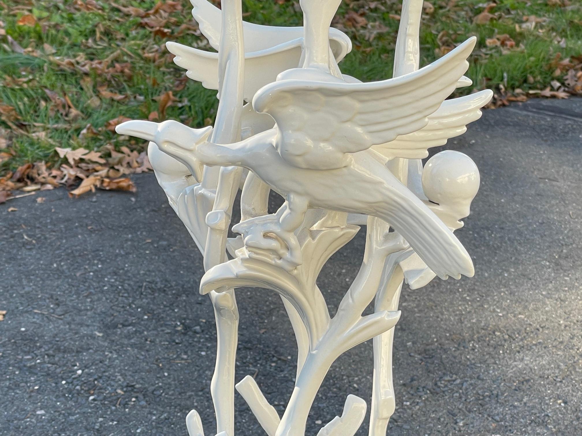 Late 20th Century Magnificent Sculptural White Enamel Cast Iron Plant Stand with Birds and Foliage
