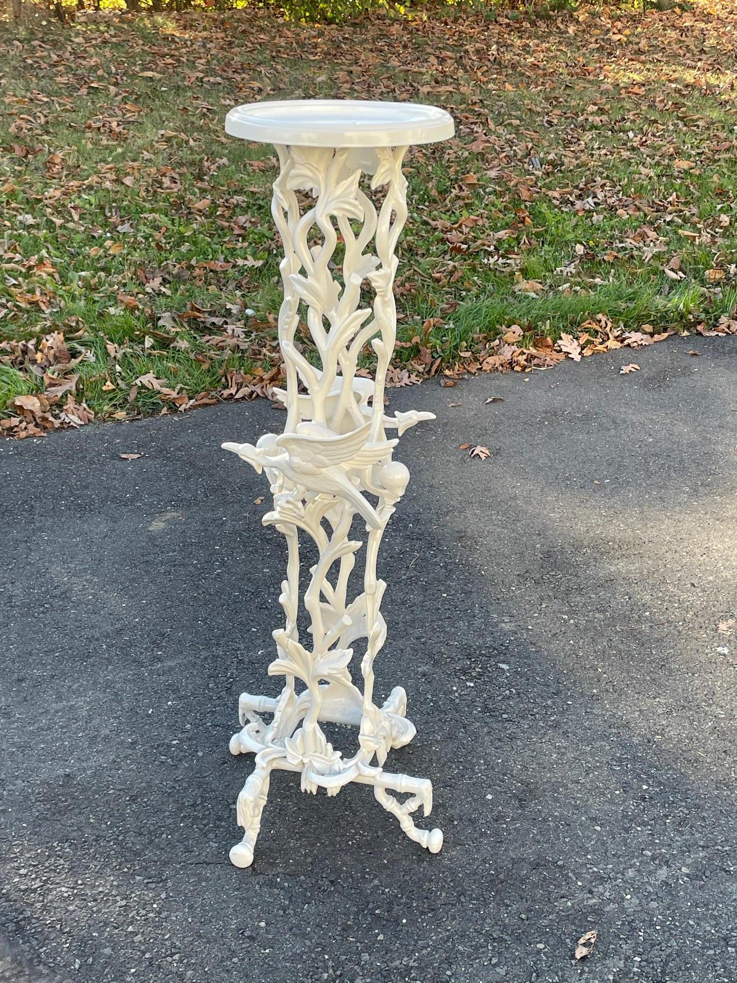 Magnificent Sculptural White Enamel Cast Iron Plant Stand with Birds and Foliage 3