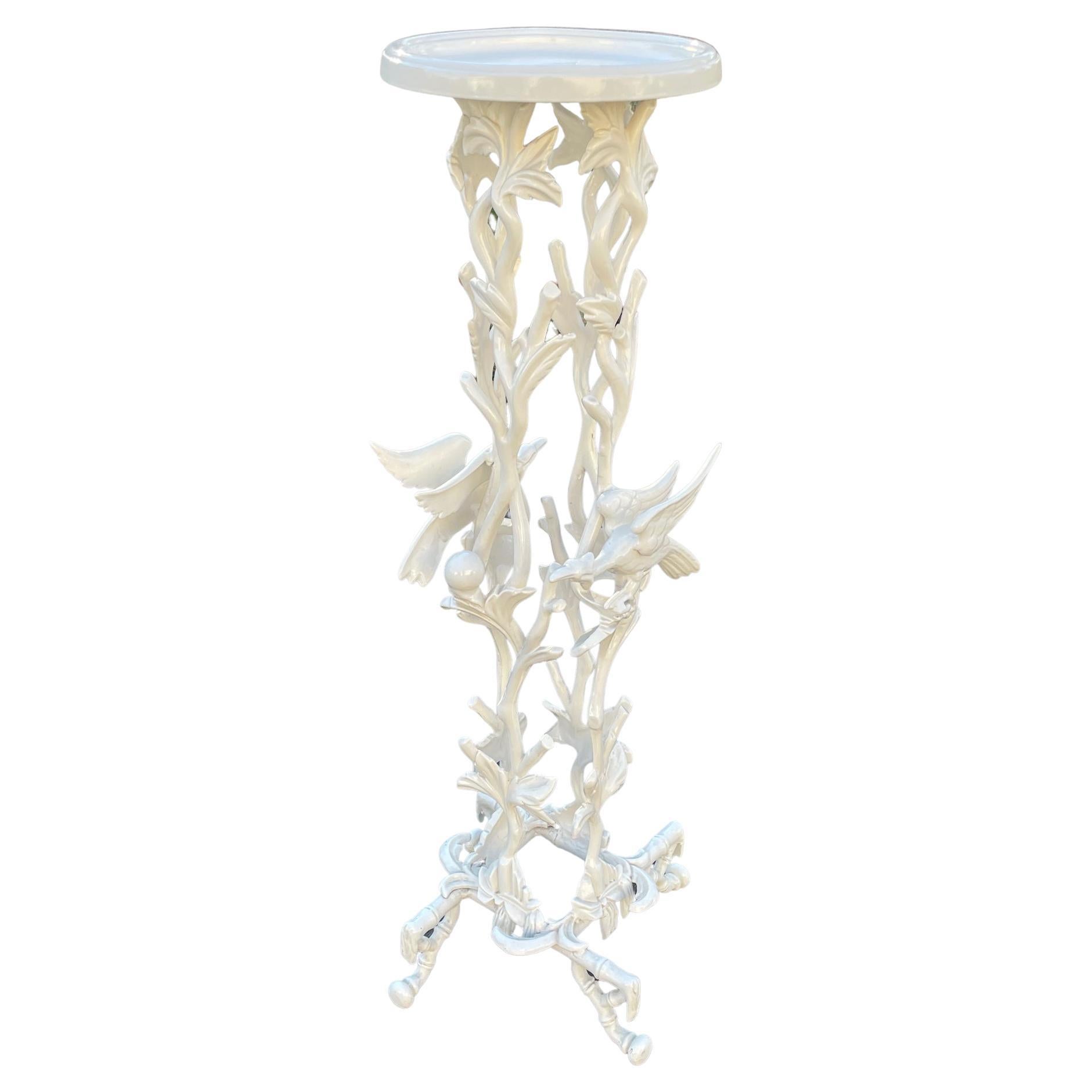 Magnificent Sculptural White Enamel Cast Iron Plant Stand with Birds and Foliage