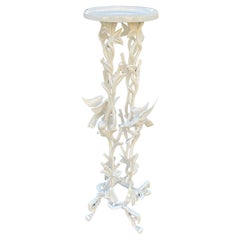 Magnificent Sculptural White Enamel Cast Iron Plant Stand with Birds and Foliage