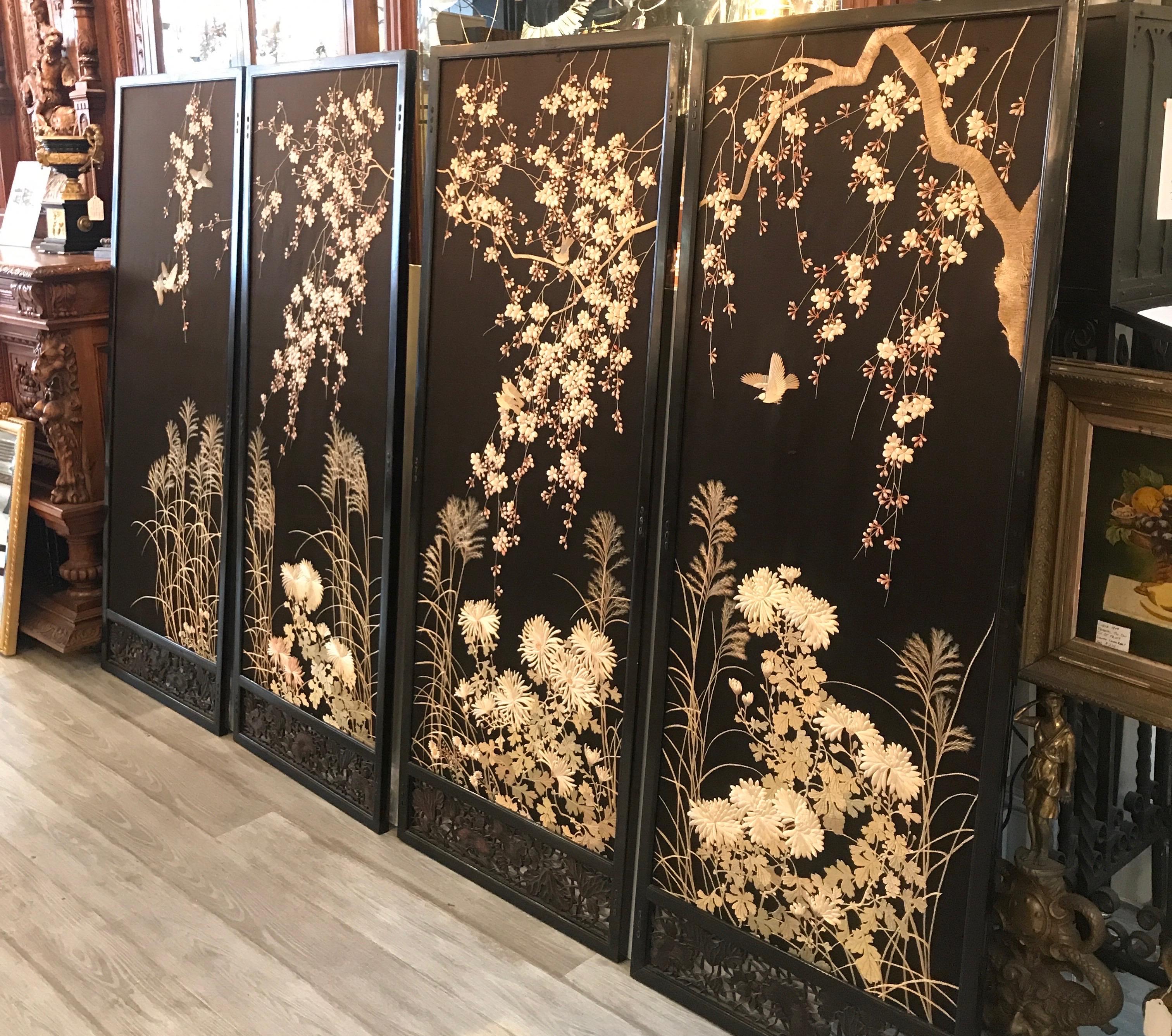 Magnificent Set of 4 Antique Japanese Silk Needlework Framed Panels, circa 1890 12