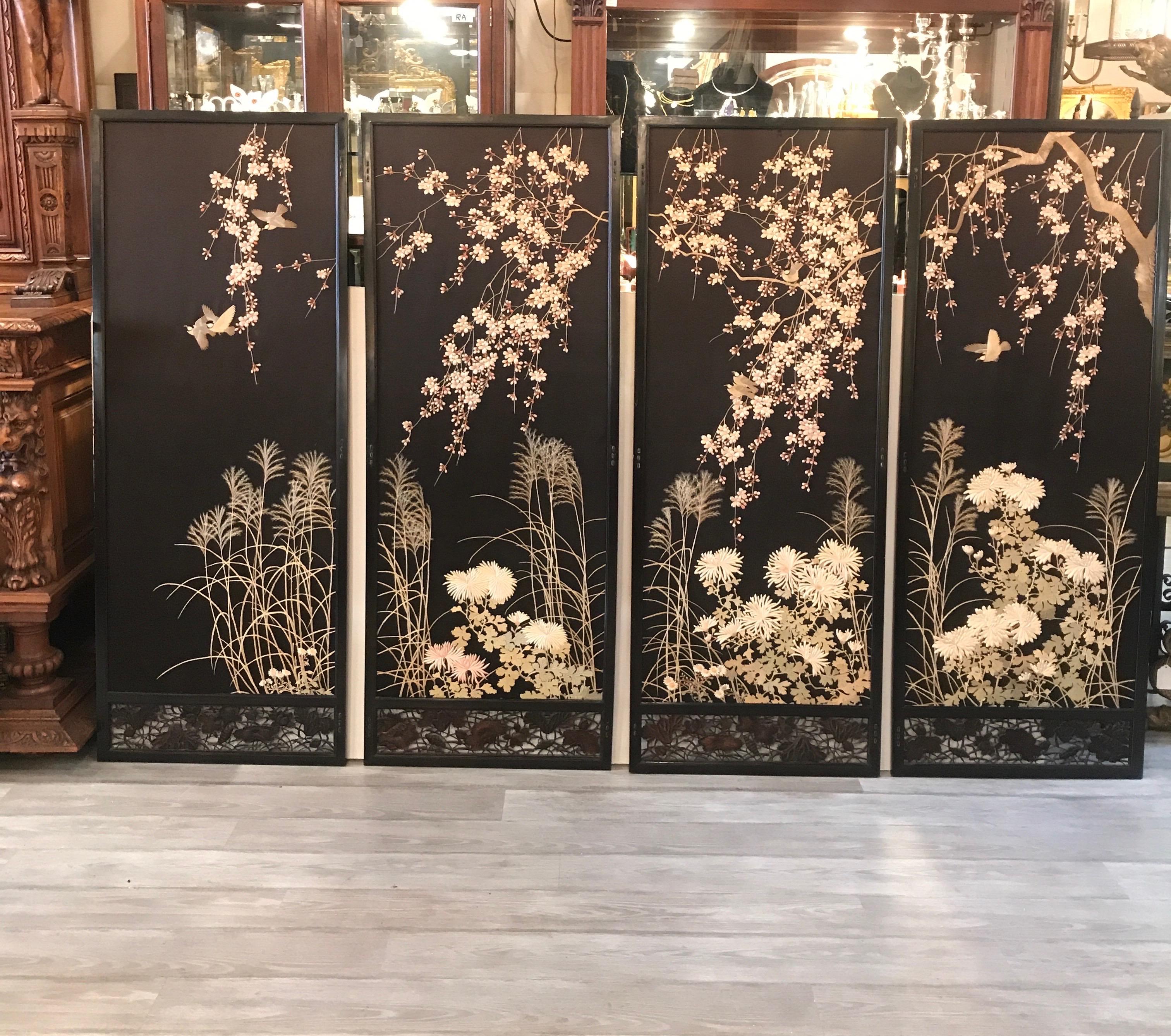 Meiji Magnificent Set of 4 Antique Japanese Silk Needlework Framed Panels, circa 1890