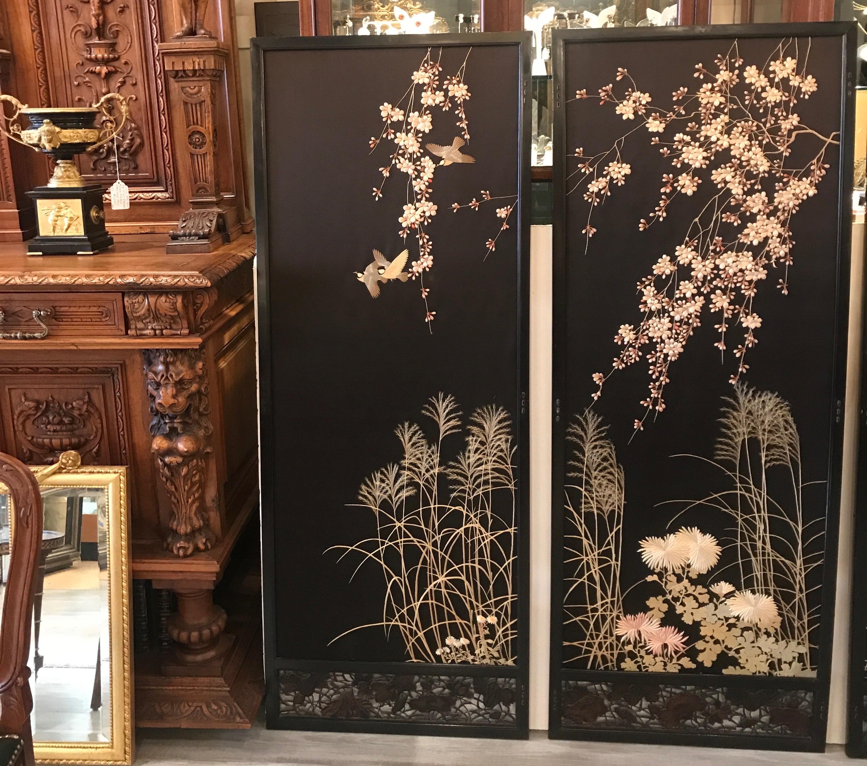 Lacquered Magnificent Set of 4 Antique Japanese Silk Needlework Framed Panels, circa 1890