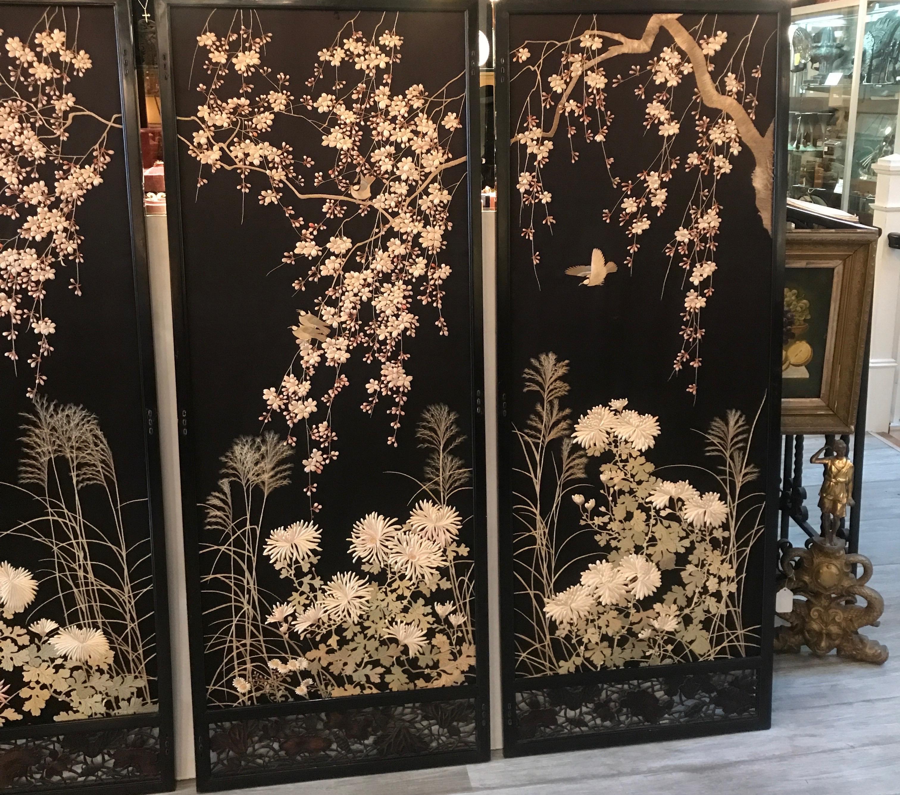 Magnificent Set of 4 Antique Japanese Silk Needlework Framed Panels, circa 1890 In Good Condition In Lambertville, NJ